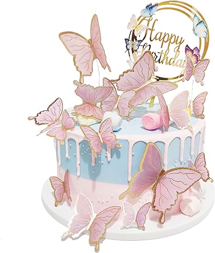 Decoraciones para tartas de mariposa, 1 decoración para pastel de feliz cumpleaños y 15 piezas 3D de oro rosa y mariposa para cupcakes, suministros