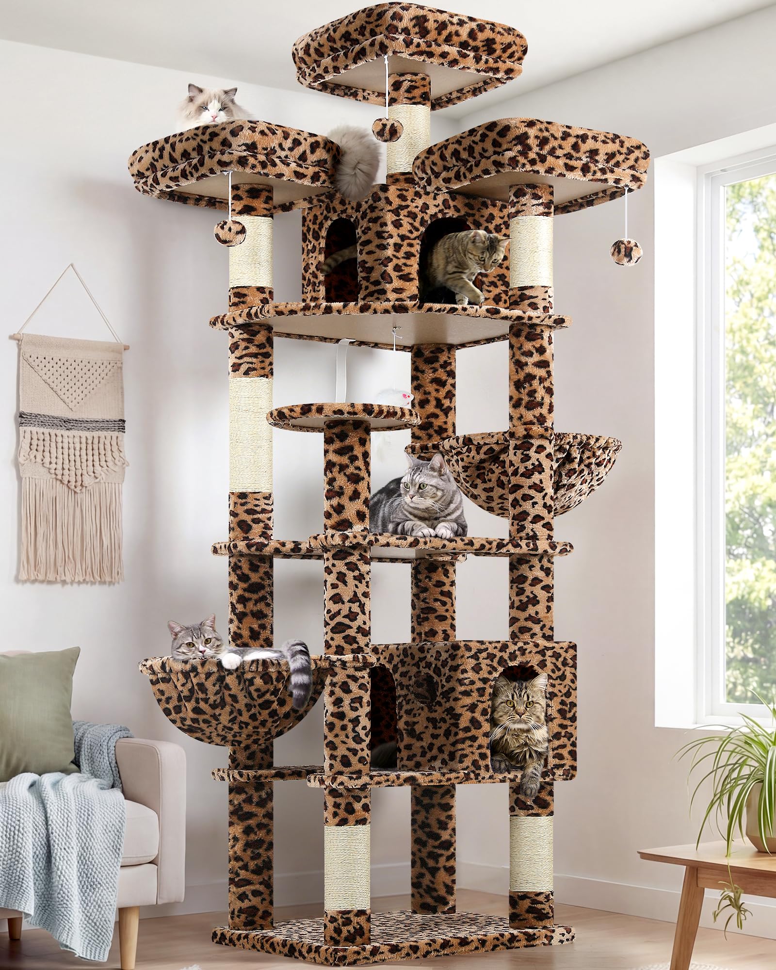 Globlazer Cat Tree Tower Leopard XXL 209 cm for Indoor Cats 2 Cat Caves, Platform Lounging Area, Hanging Baskets, Heavy Duty Cat Tree Tower Large for Multi-cat Stable Easy to Assemble (F82, Leopard)