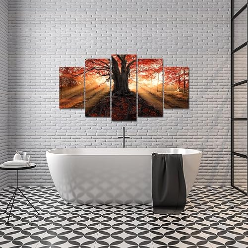 Miniatura 5 de iKNOW FOTO 5 paneles de lienzo de árbol grande, arte de pared, diseño de bosque de otoño, impresiones artísticas sobre lienzo, paisaje natural,