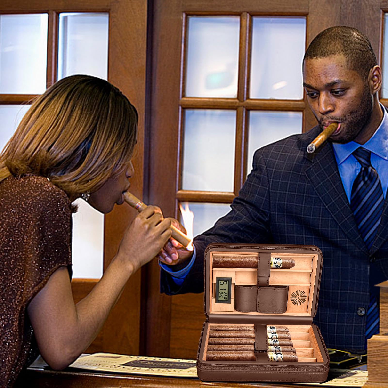 Leather Humidor sigari per 6 sigari con igrometro elettronico e umidificatore (caffè)