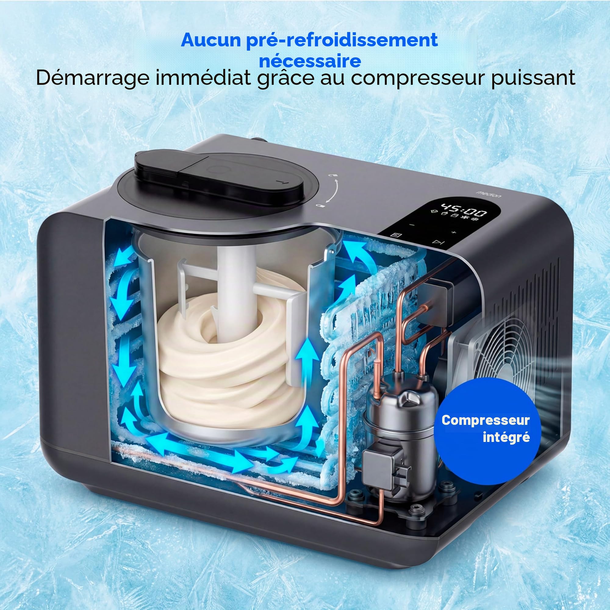 MEDION Sorbetière à compresseur, glace yaourt et granité sans prérefroidir | Écran tactile, auto-refroidissante, avec verre doseur, cuillère et spatule, MD 100087