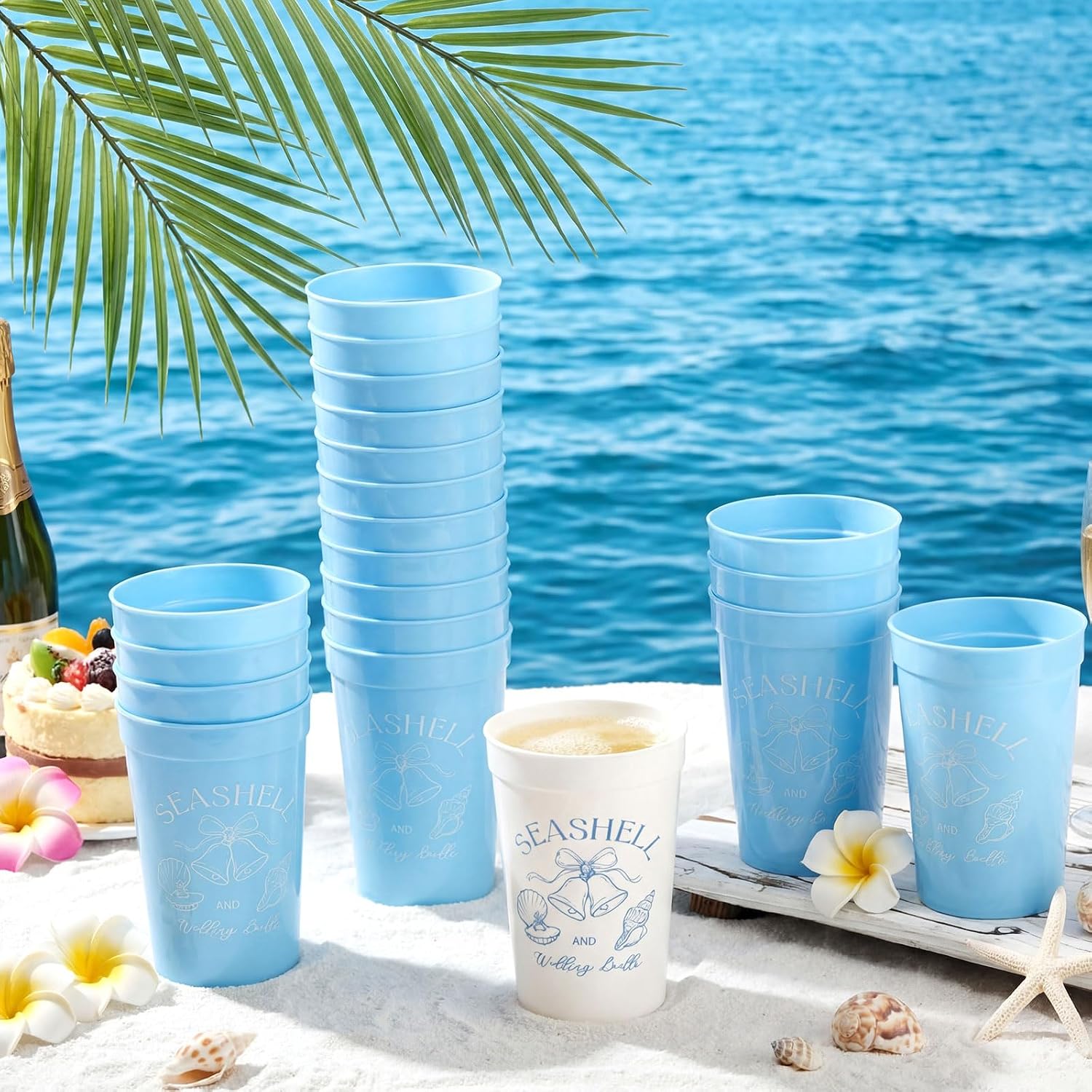 Yungyan 20 Pcs 12 oz Bachelorette Party Plastic Cups Reusable Drinking Cups Bridal Party Supplies for Wedding Bridal Bridesmaids (Seashell Bell,Blue)