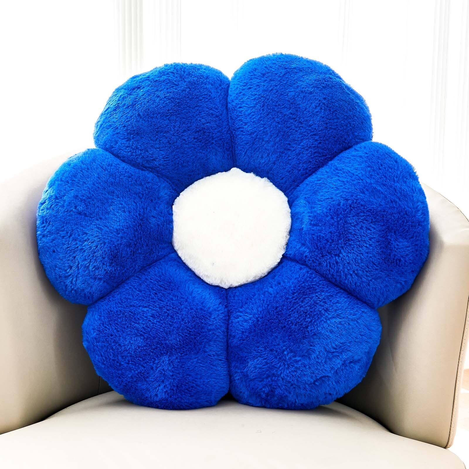 Kcvvcr Flower Pillow Cute Decorative Throw Pillow with Faux Rabbit Fur Soft Daisy Plush Floor Cushion Aesthetic Flower Shaped Pillow Home Decor for Bed Sofa Couch (Royal Blue, 14.9 Inch)