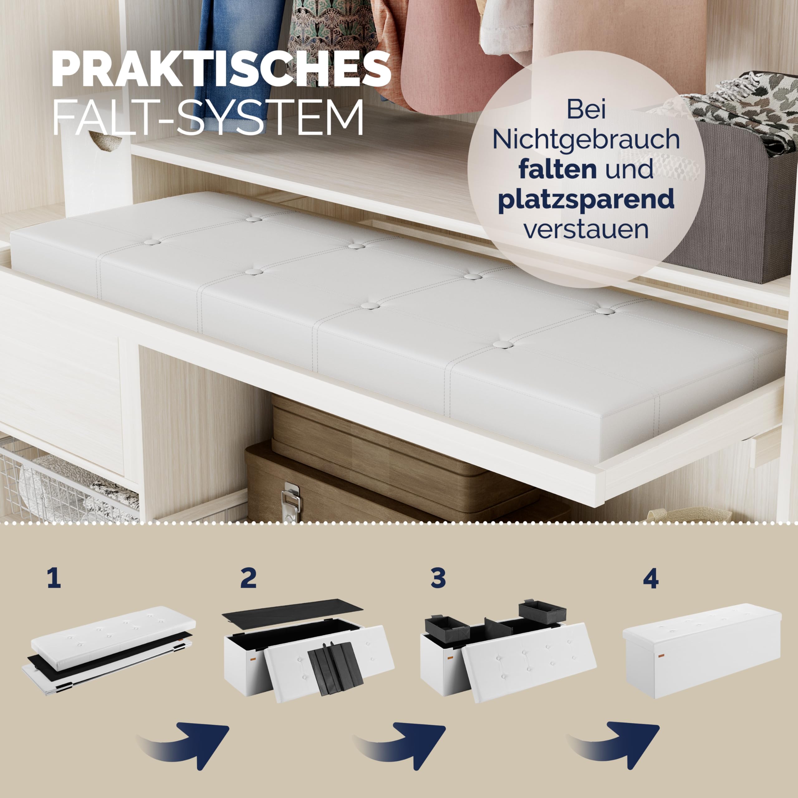 Casaria® Sitzbank mit Stauraum Faltbar Weiß 115x40x40cm Gepolstert Deckel Kunstleder Schlafzimmer Wohnzimmer Flur Sitztruhe Truhenbank Polsterbank