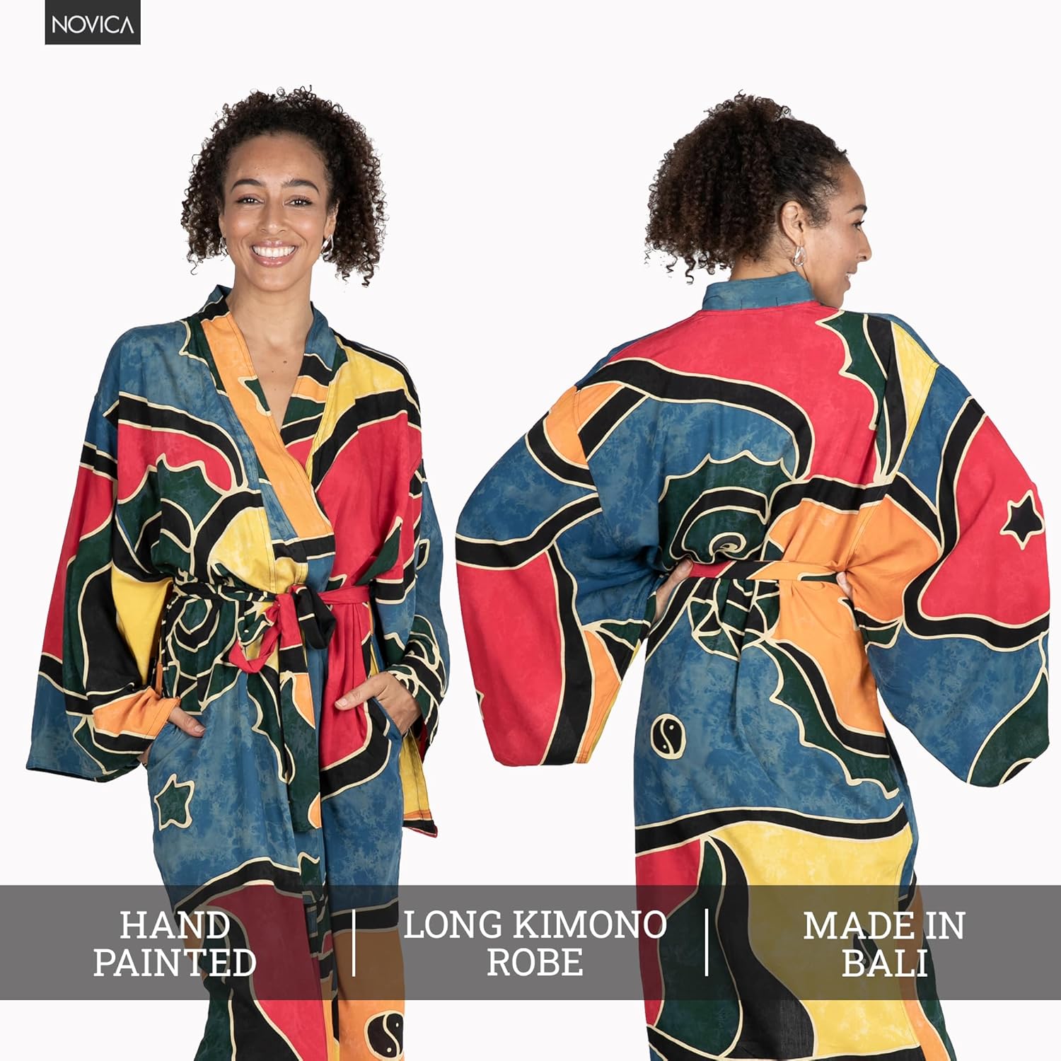 NOVICA Artisan made Women's Handpainted Batik Patterned Long Robe from Indonesia - Image 4