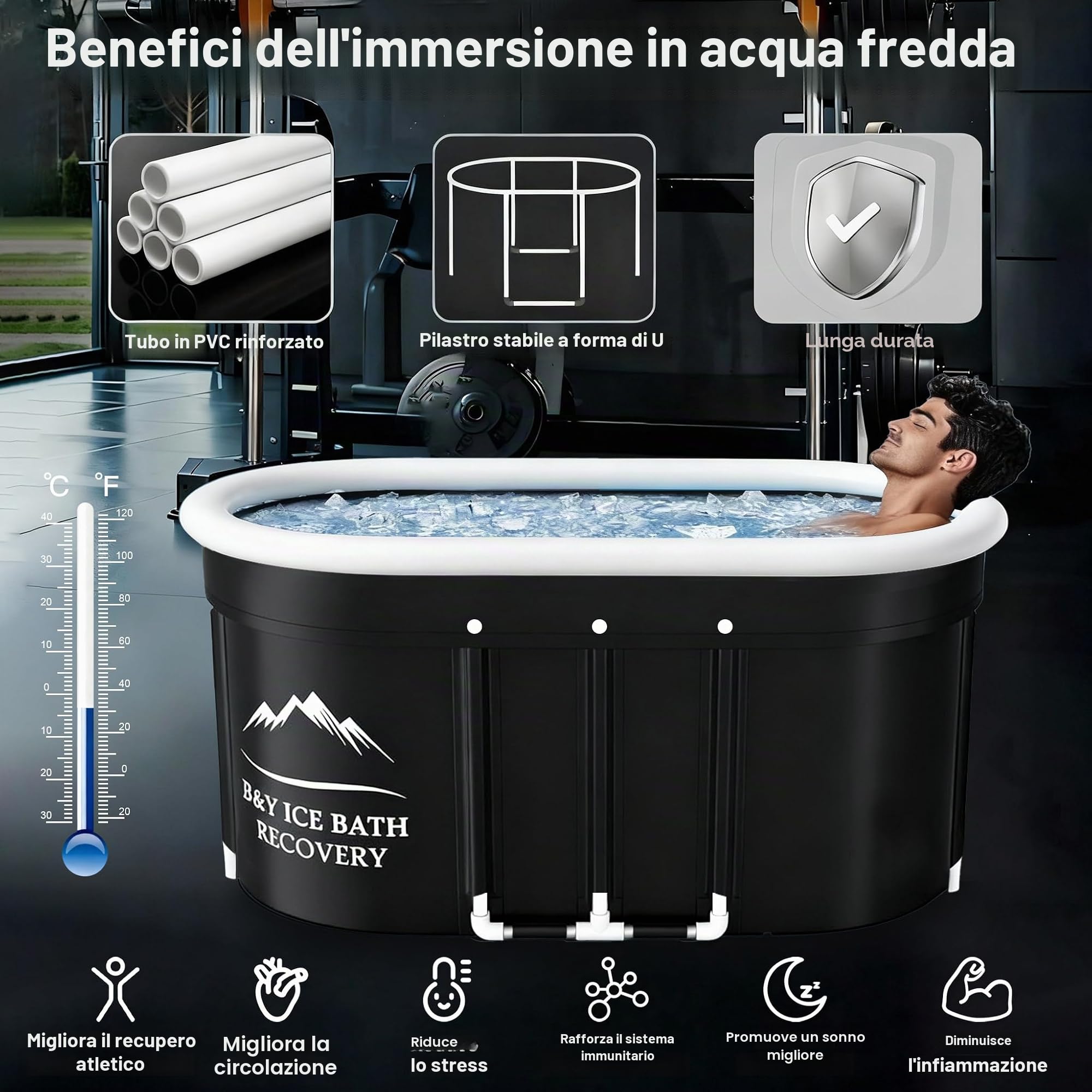 B&Y Bagno di ghiaccio ovale, pieghevole, per adulti, contenitore isolato, per interni ed esterni, terapia del freddo, per atleti, atleti e bagni freddi, per la casa (nero, 120 x 65 x 65 cm)