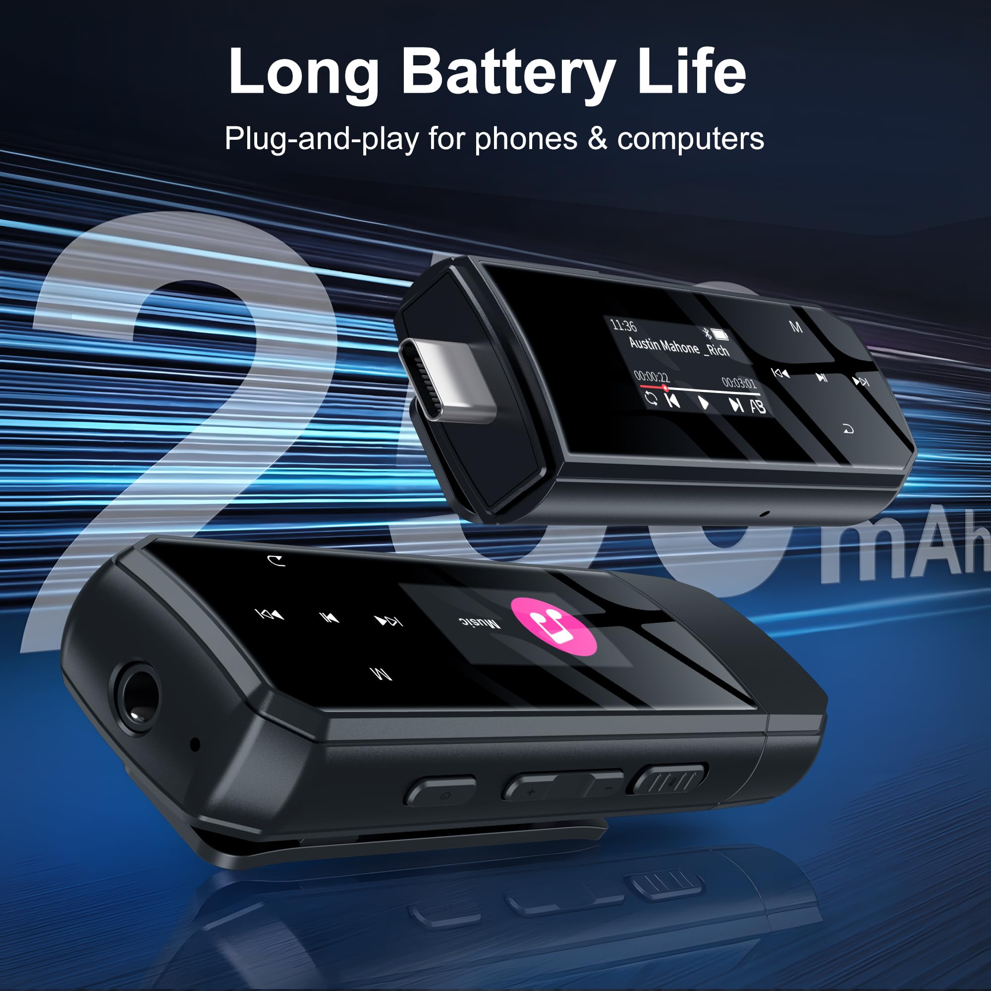 SWOFY Lettore MP3 USB portatile Bluetooth 5.3, 32 GB, clip per sport e corsa, radio FM, registrazione vocale, trasferimento di file dal cellulare e riproduzione audio digitale casuale (nero)