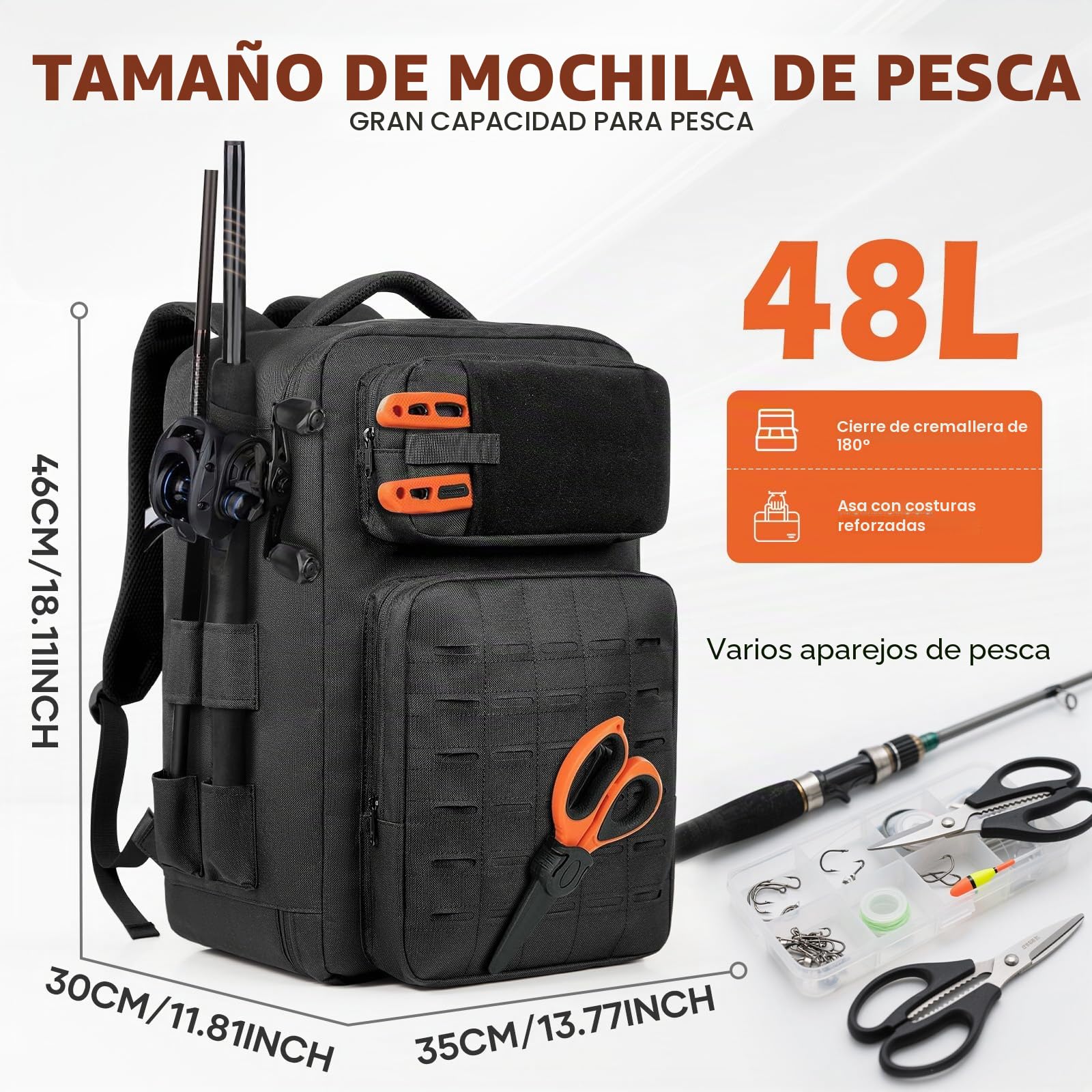 WEFLIER Mochilas de Pesca, Bolsos de Equipos de Con Accesorios de Pesca Con Palos de, Bolsos de Viaje Con Bolsas de Almacenamiento 48l, Caza de Campamento, Camping, Trekking, Negro