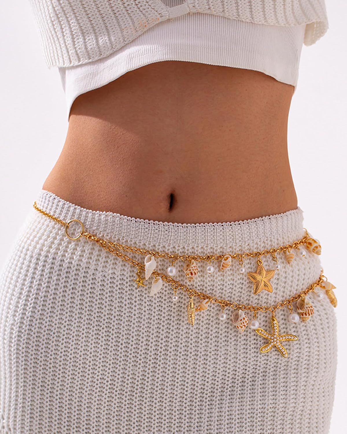 Mermaid Starfish Waist Chain for Women Trendy Layered Seashell Starfish Belly Chain Conch Scallop Cowrie Shell Body Jewelry Summer Beach Bikini Mermaid Costume Accessories