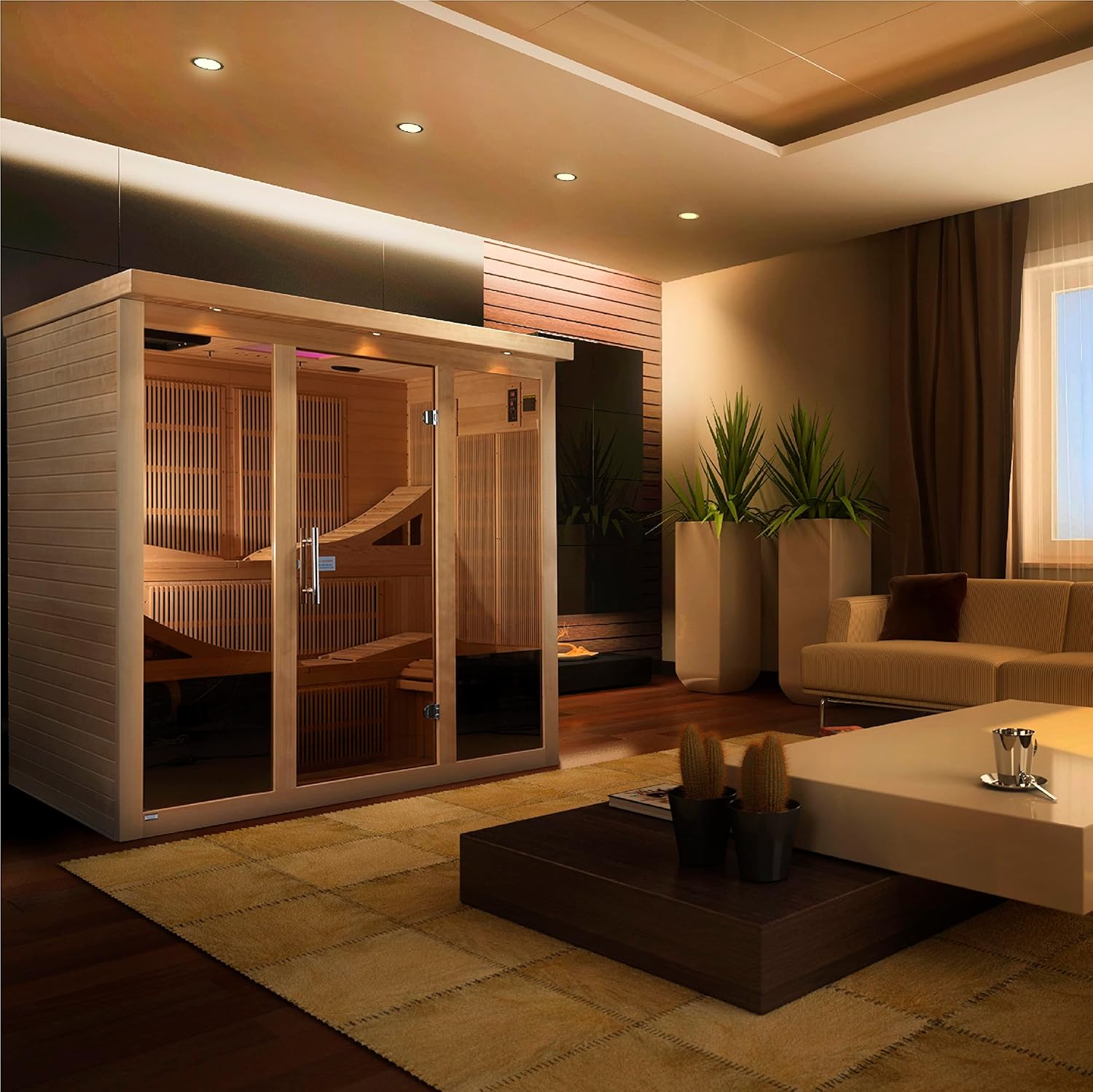 DYNAMIC SAUNAS Monaco 6-Person Far Infrared Sauna placed in a modern living room