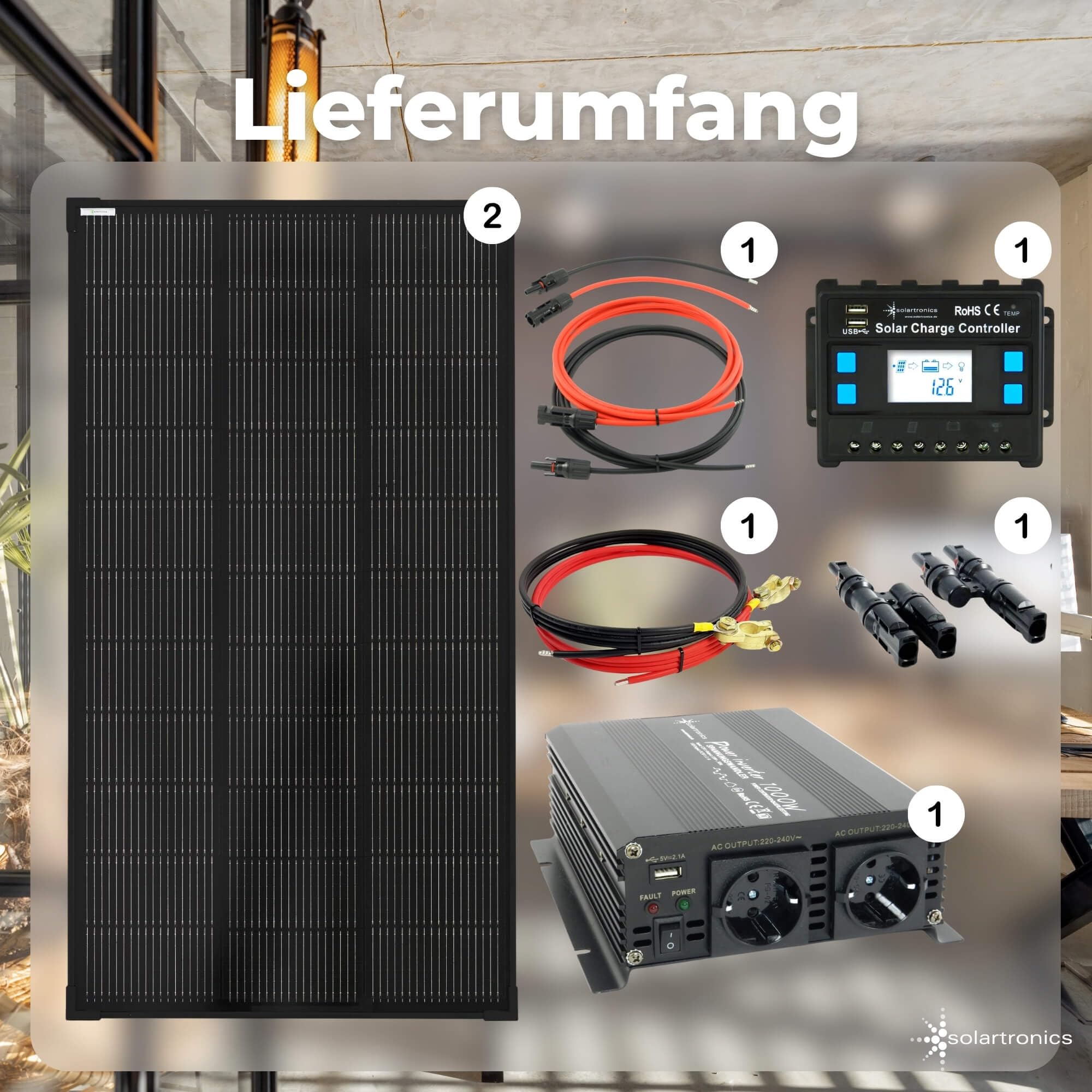 SOLARTRONICS Komplettset 2x 120 Watt Solarmodul 1070x580x35, NM 1000W Wandler Laderegler Photovoltaik Inselanlage