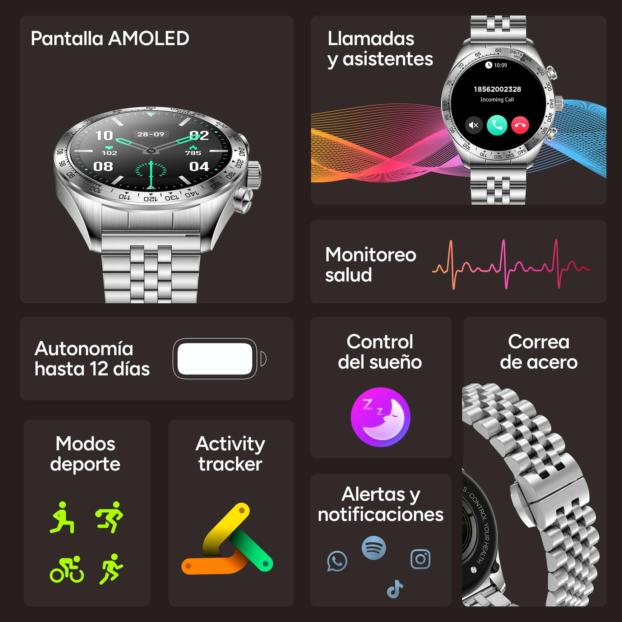 KSIX Elite Go Smartwatch Metálico, Pantalla AMOLED 1.43", Autonomía 7 días, IP67, +100 Modos Deporte, Llamadas, Plateado