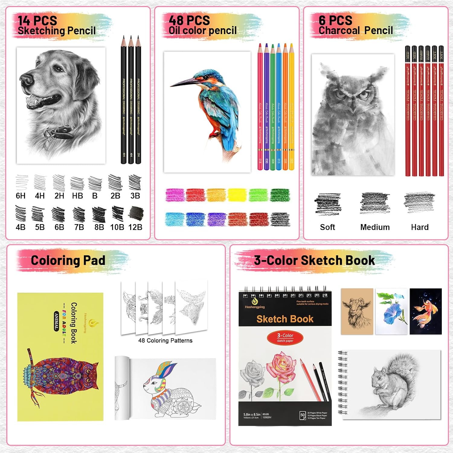 80pcs Drawing Kit Sketching Set Art Sketch Supplies Coloring pencils Kit 48 Colored pencil,14 Graphit, 6 Charcoal, 50 Page 3-Color sketckbook coloring book Portable Case ect. Beginners Artists Adults