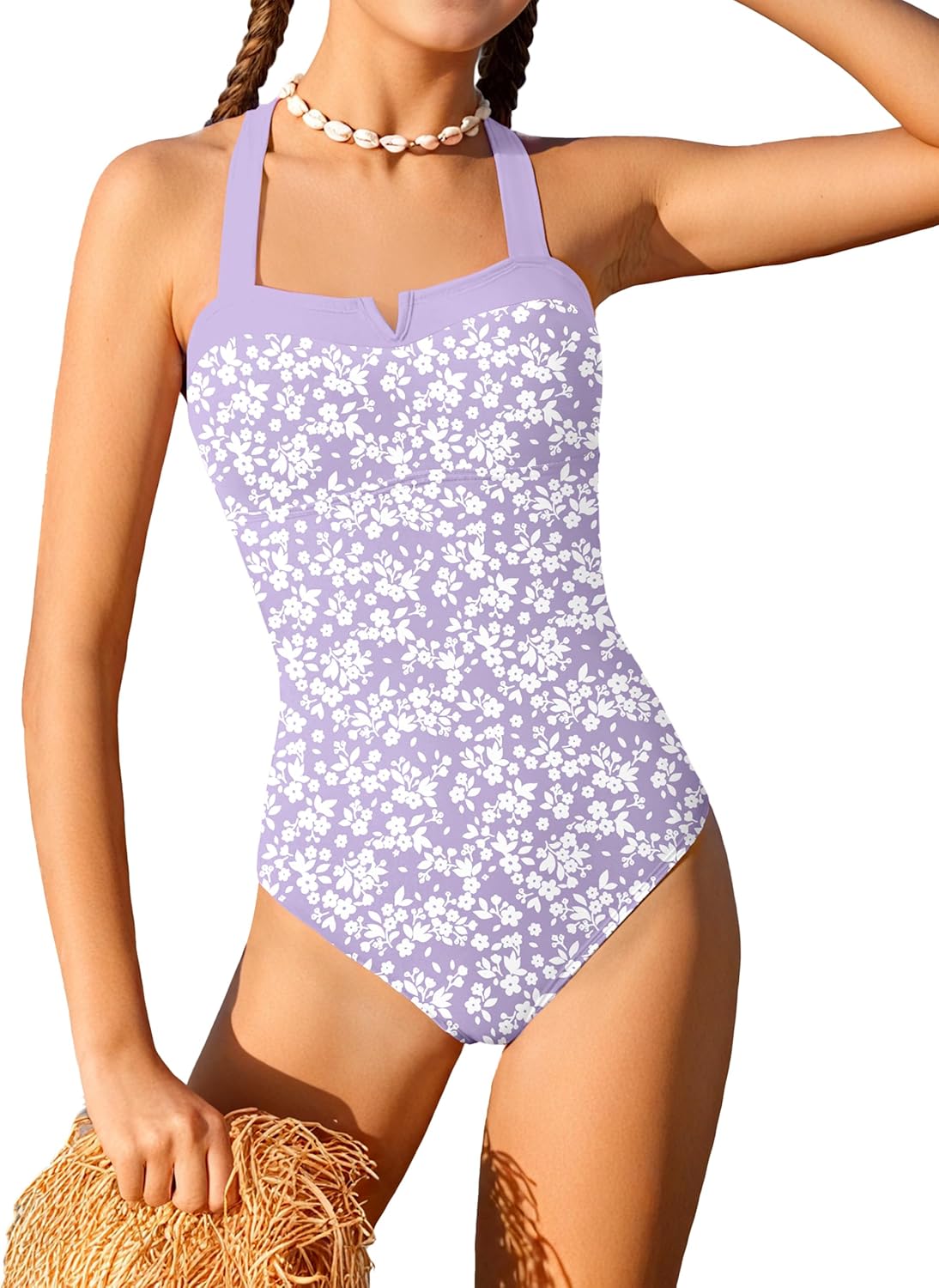 Shallmu Girls One Piece Swimsuits Color Block Dual Crossback Straps with Cover Up Skirt Girl's Swimwear 9-16Y