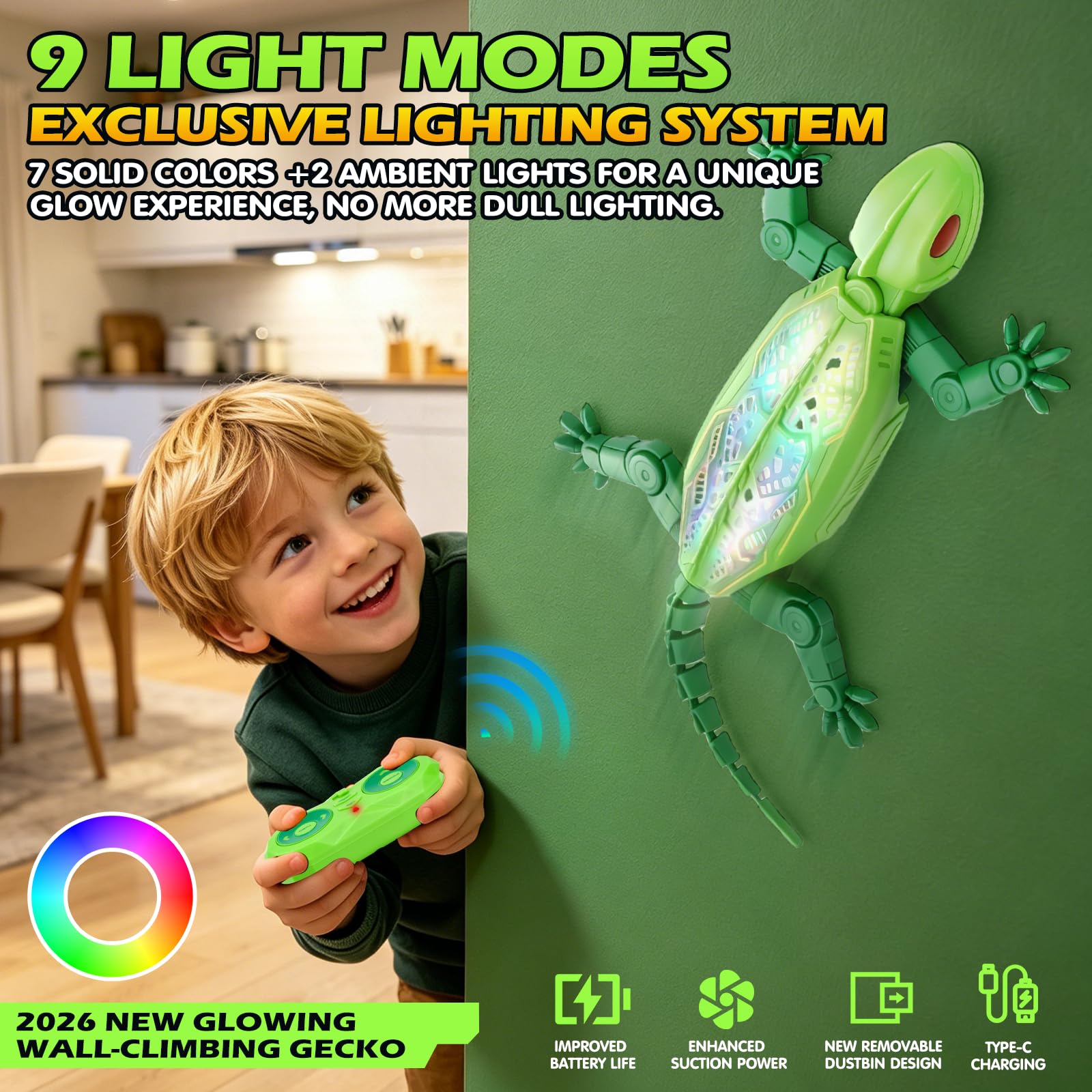 Gecko Radiocommandé avec Éclairage Dorsal, Nouveau Lézard Grimpeur – 9 Modes de Lumière, Jouet RC Gecko pour Enfants