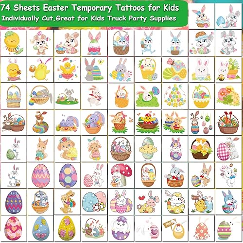 Miniatura 2 de CHARLENT Tatuajes temporales de Pascua para suministros de fiesta de niños, 74 hojas individuales, huevos de Pascua de conejito para niños y niñas,