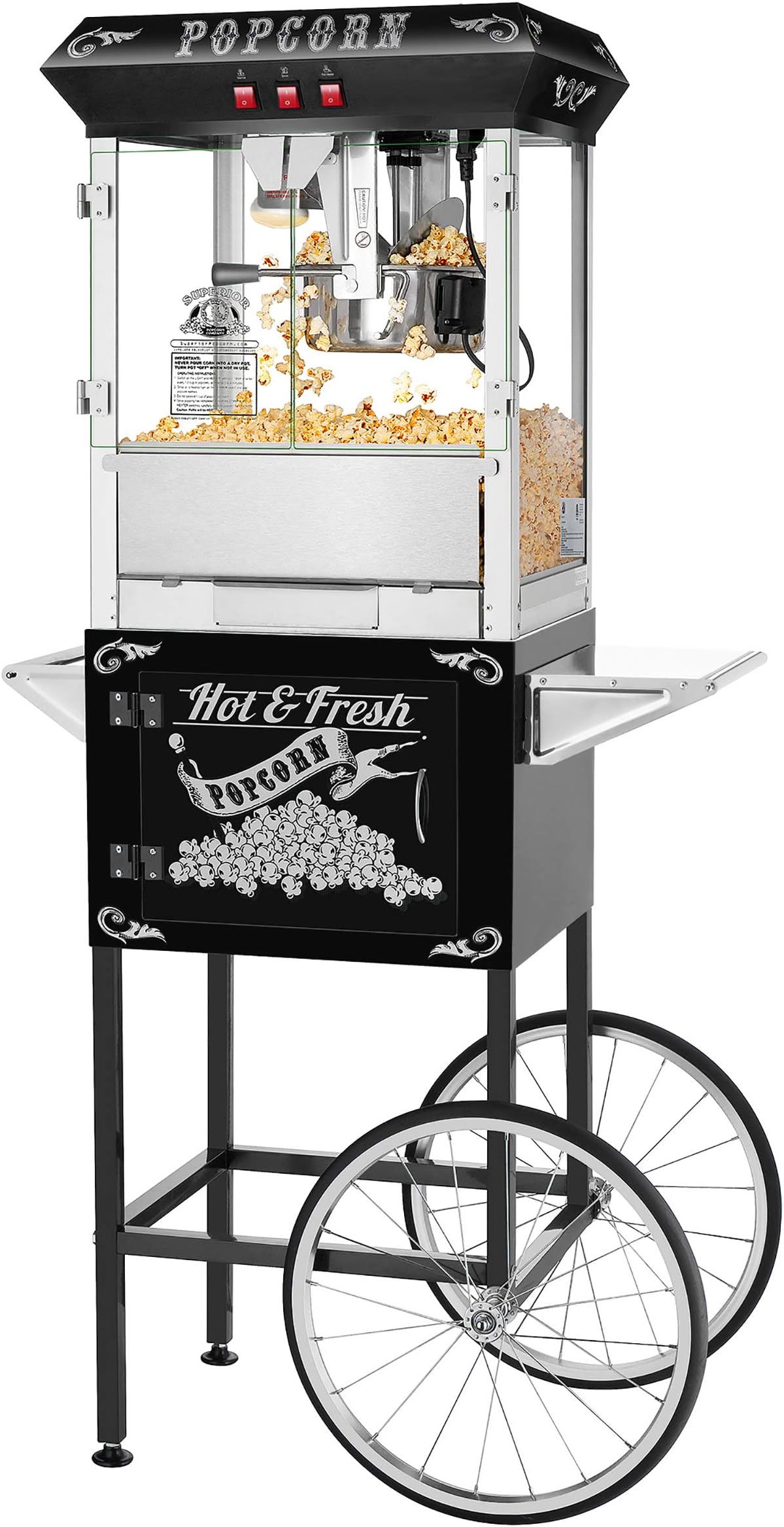 Hot and Fresh Popcorn Popper Machine With Cart-Makes Approx. 3 Gallons Per Batch- by Superior Popcorn Company- (8 oz., Black)