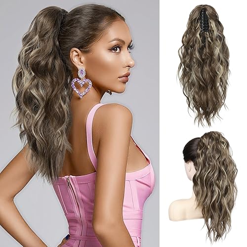 FLUFYMOOZ Extensión de cola de caballo, extensión de cola de caballo con clip de garra de 18 pulgadas, extensiones de cabello ondulado y rizado con