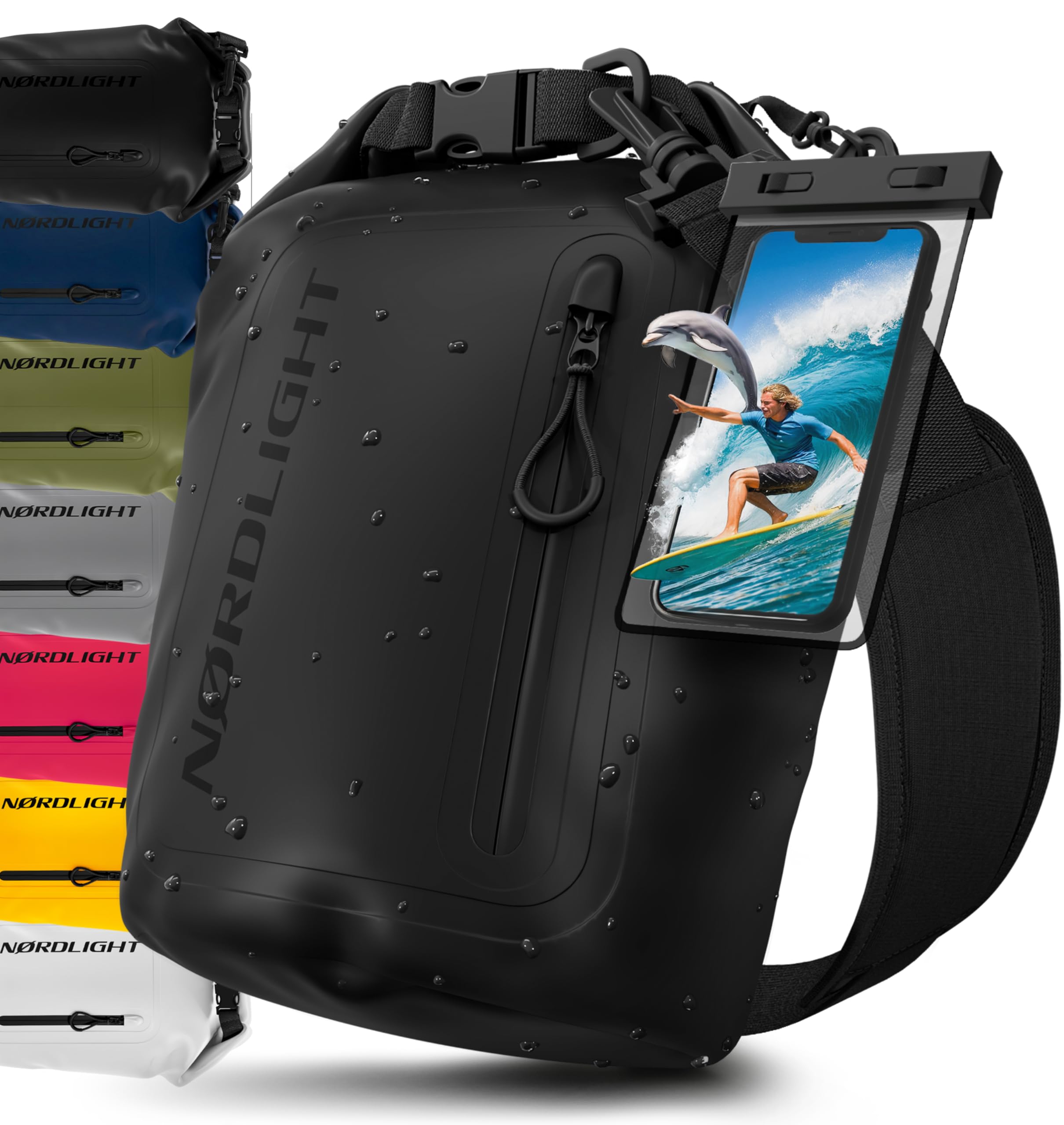 Nordlight Dry Bag wasserdichte Tasche mit Handyhülle + Roll-Top, Schultergurt | Drybag wasserfester Rucksack Beutel Packsack Seesack Wassersack Wetbag | Baden Schwimmen Strand SUP – Schwarz, 5 Liter