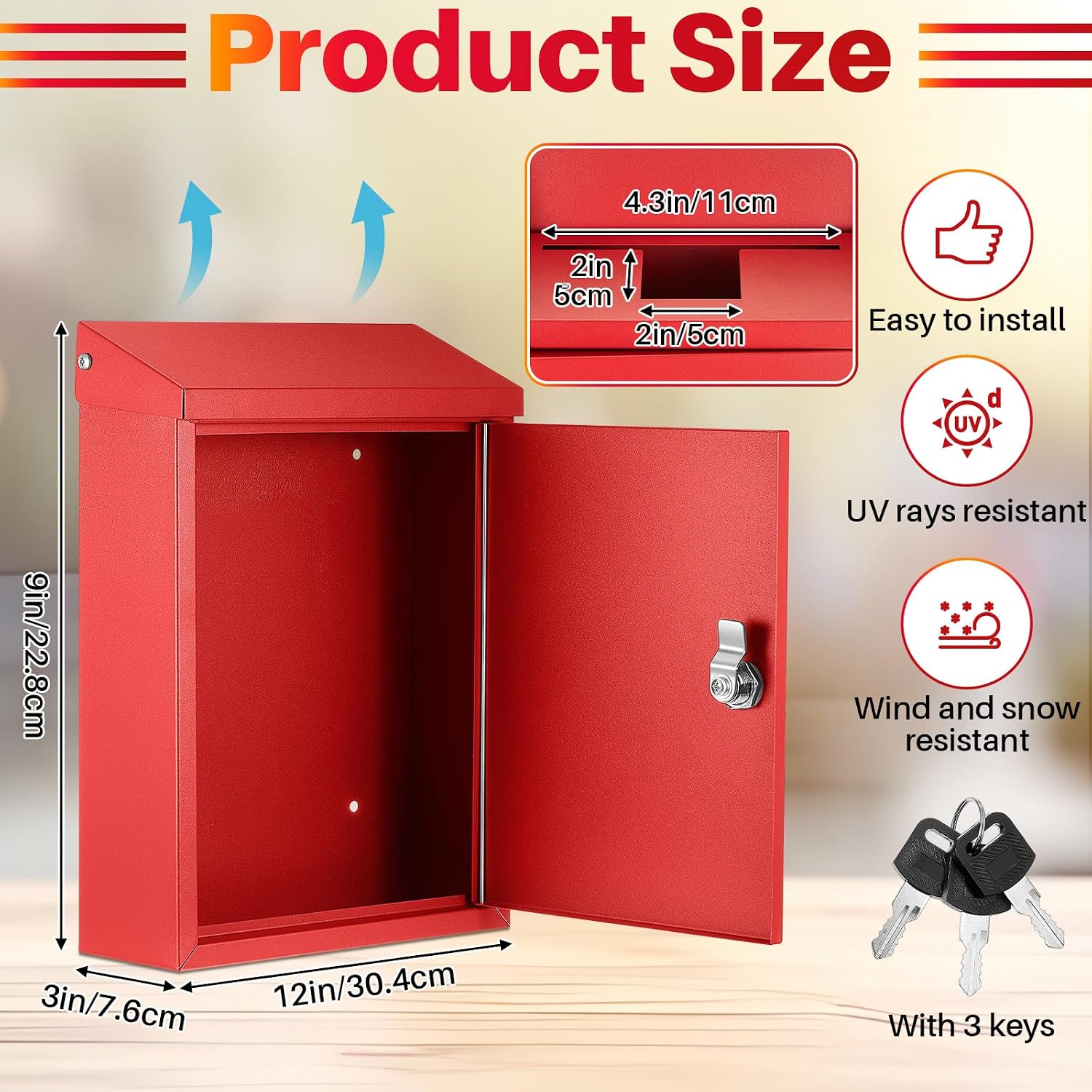Yaocom Metal Locking Mailbox Cash Box Wall Mount Key Drop Mailbox for Outside Suggestion Money Donation Box for Hanging Secure Postbox with 2 Keys Home Office Garden Yard(Red,12 x 9 x 3)