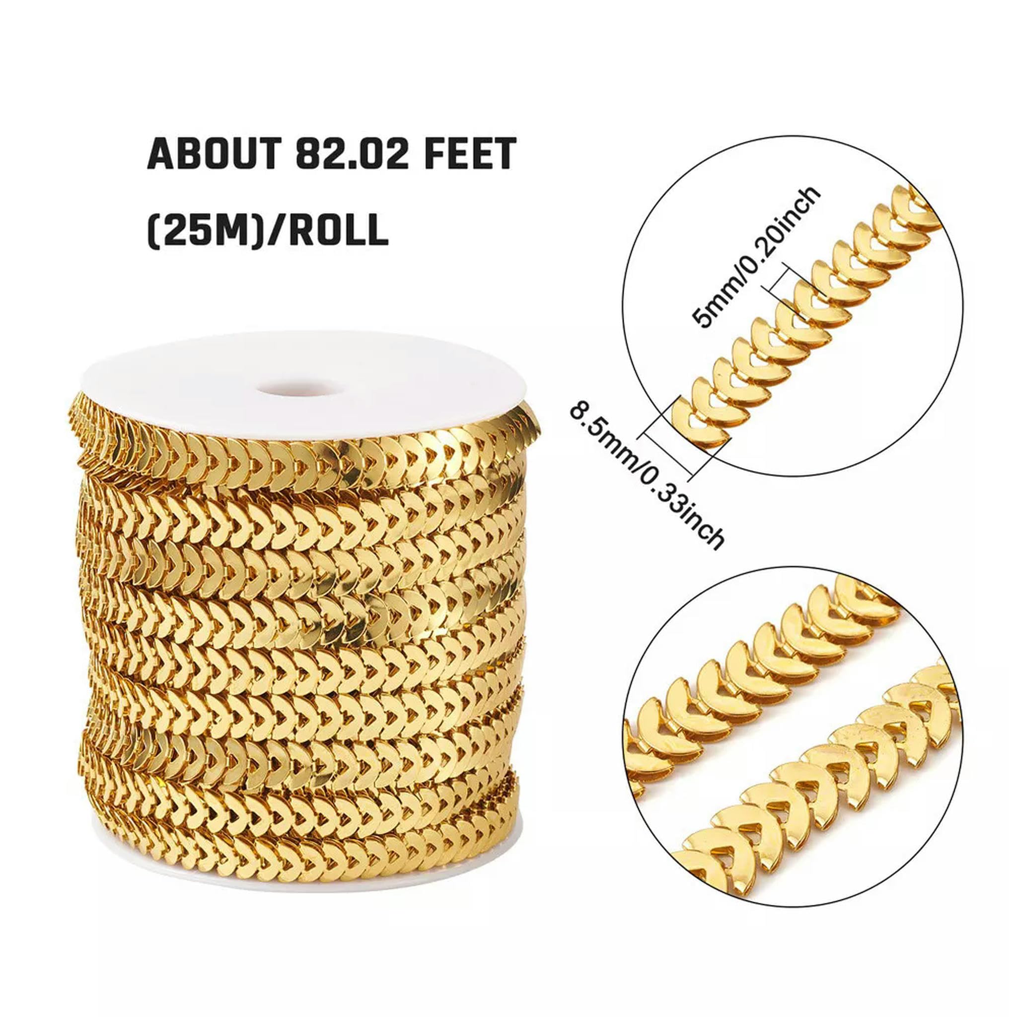 82,02 Piedi (25 m)/Rotolo Catene a Maglie saldate in Foglia di Ferro Dorato con Bobina 8,5X5 mm-Default