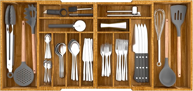 Suli Extra Large Silverware Drawer Organizer,Expandable 22in to 37in,Acacia