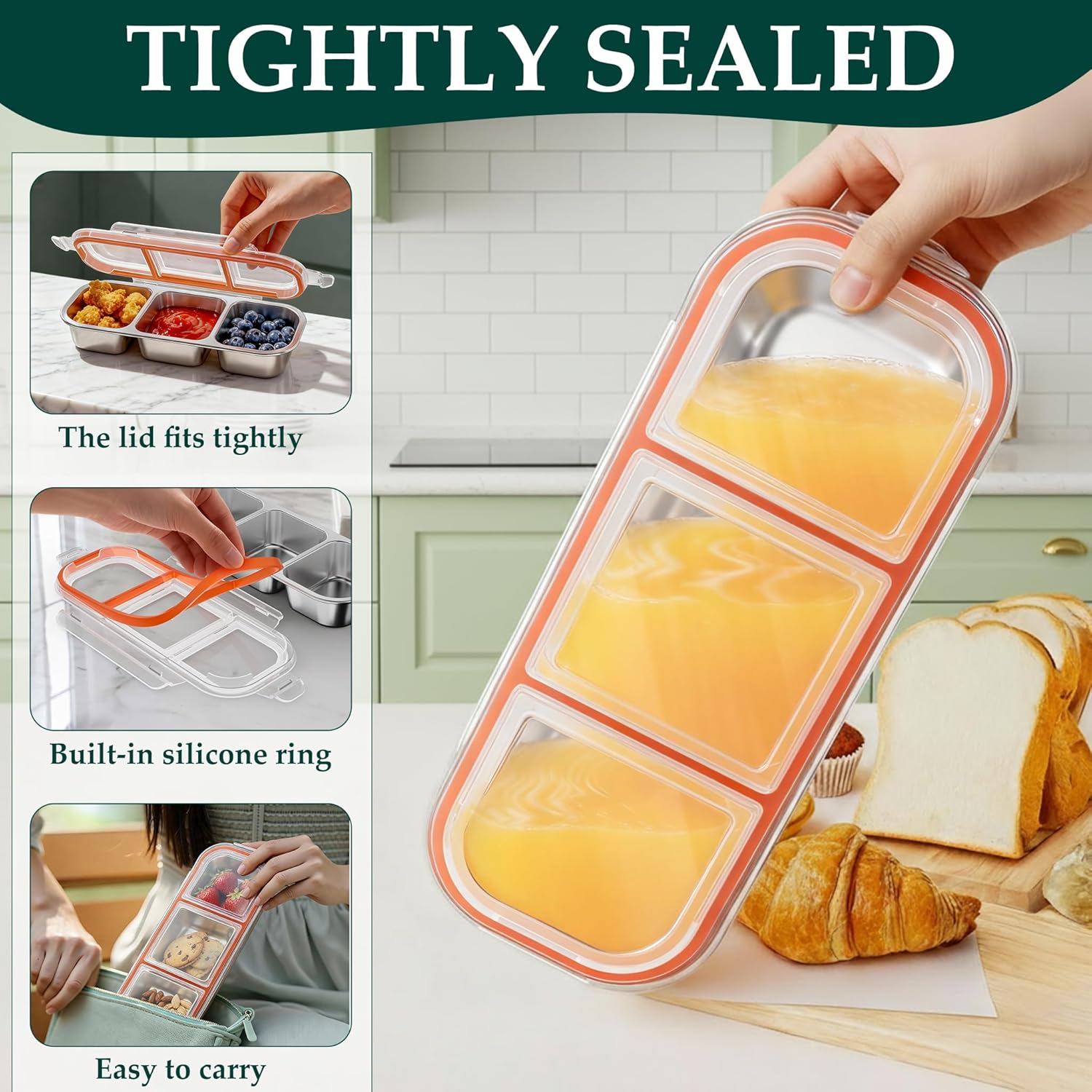 QCQHDU Bento Lunch Box Stainless Steel Snack Containers, Reusable Stainless Steel 3-Compartment Condiment Metal Bento Lunch Box with Lids, Divided Snack Food Storage Lunchable Containers, 1 Pack - Image 4