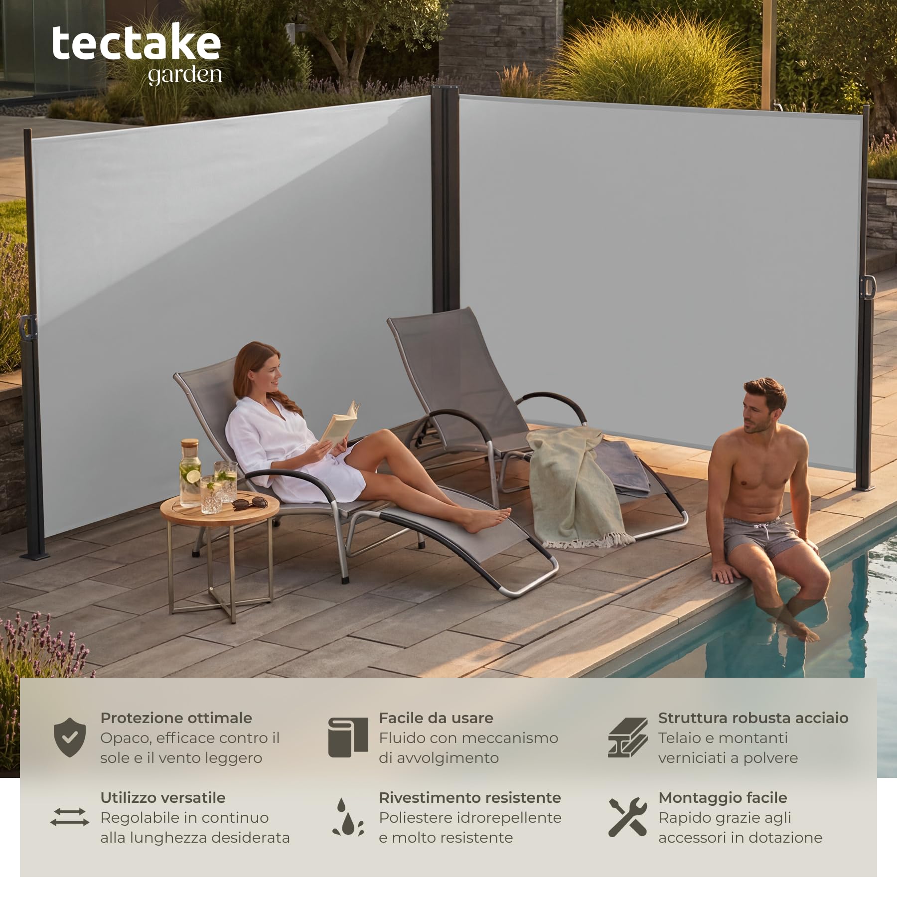 tectake® Tenda da Sole per Esterno Laterale Doppia Estensibile, 600 x 200 x 9 cm, Parasole Retrattile, Frangivista Giardino e Terrazzo Privacy, Avvolgimento Automatico, Struttura in Acciaio - Grigio