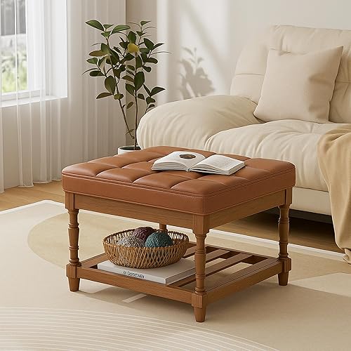 Miniatura 26 de UEV Juego de 3 mesas de café otomanas, juego de mesa de madera para sala de estar, incluye 2 mesas auxiliares tapizadas, mesita de noche, patas de