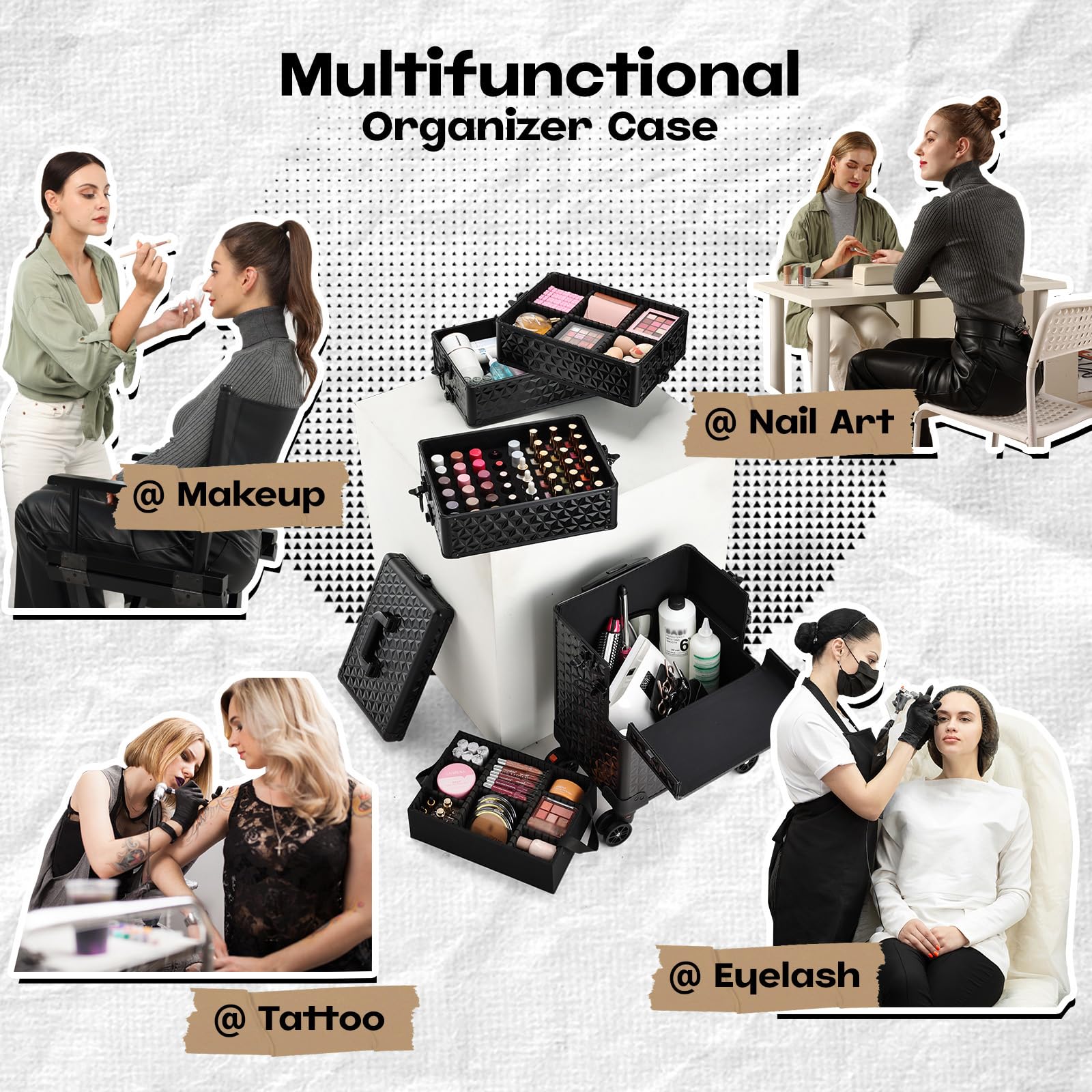 Maleta de Maquillaje 5 en 1 con Ruedas Maletín de Maquillaje de Aluminio Maletín de uñas vacio Caja Maquillaje Profesional Organizador de Maquillaje, Negro Claro