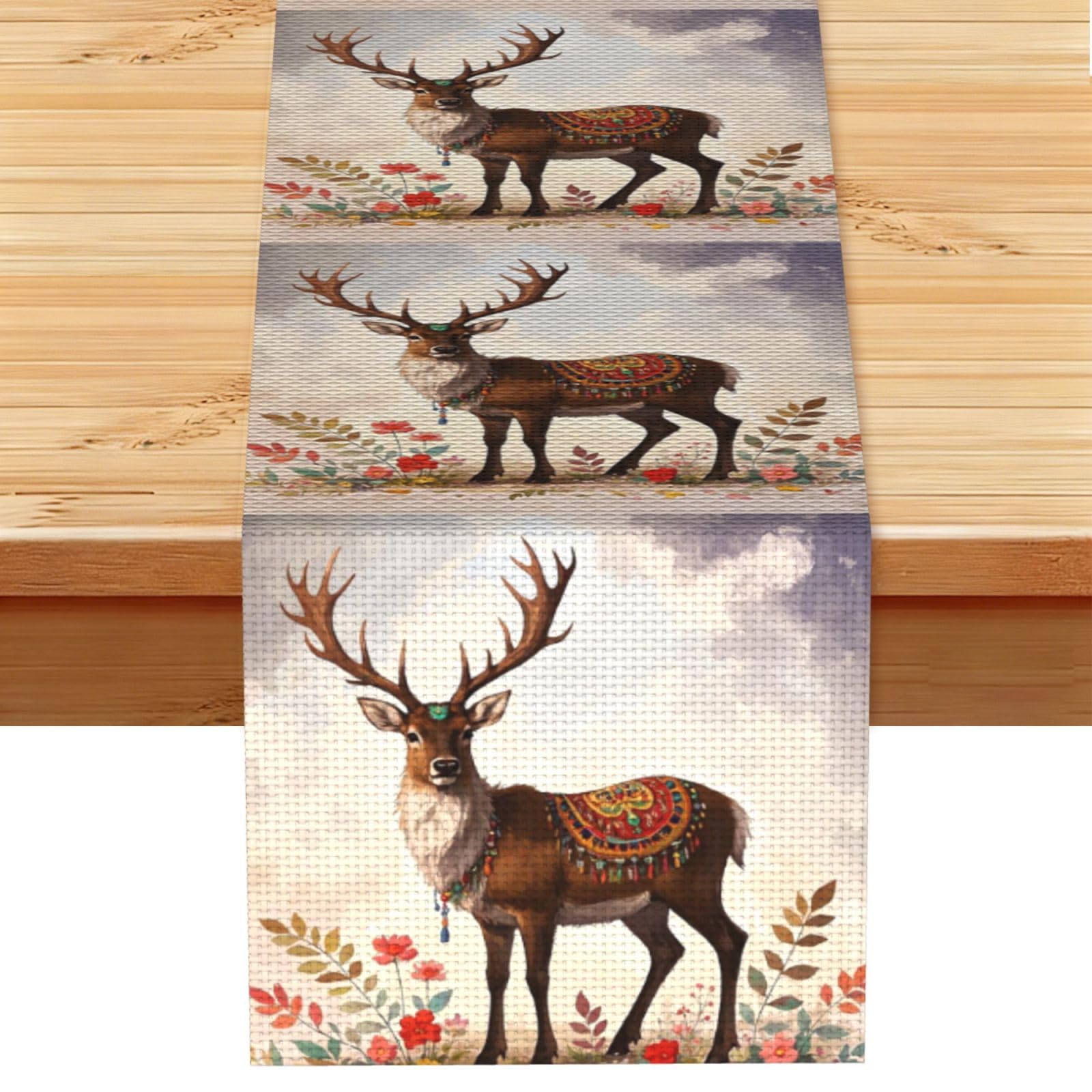Bohemian Reindeer Table Runner 13 x 72 Inches Long, Cotton Linen Table Runners for Kitchen Dining Table Decoration - Washable Tablecloth Modern Tablerunner for Home Party Decor