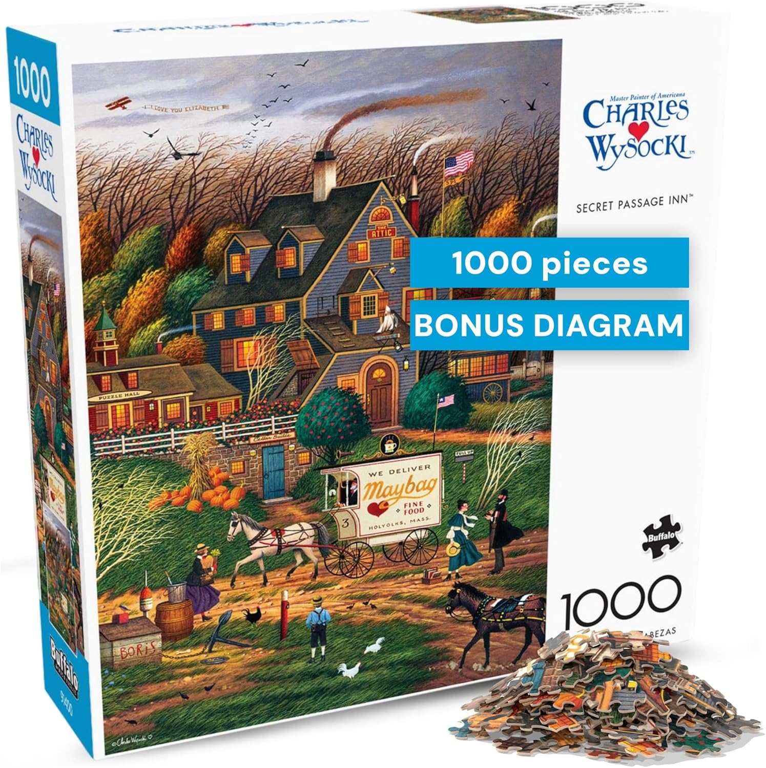 Buffalo Games Secret Passage Inn by Charles Wysocki 1000 Piece Jigsaw Puzzle for Adults Autumn Americana Scene with Reference Poster Made in The USA