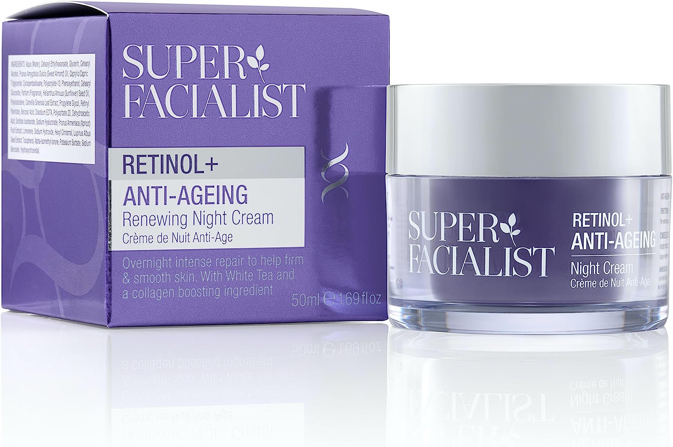 Super Facialist Retinol+ Anti-Ageing Night Cream - Face Cream with Retinol & Hyaluronic Acid for Fine Lines & Wrinkles, Vegan Friendly Anti Ageing Face Cream for Smooth Skin, 50ml