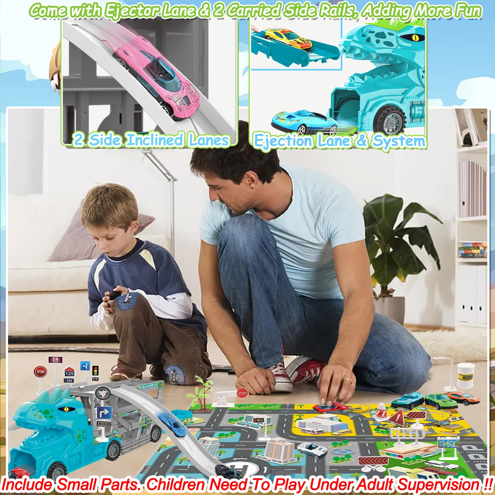 TEUVO Dinosauri Camion Giocattolo per Bambini 3 4 5 6 7 Anni, Dino Camion Pista Garage Macchinine con 12 Auto Cars Macchine & 18 Segnali Stradali, 2 Pista, Dinosauro Regalo Compleanno Natale Maschio