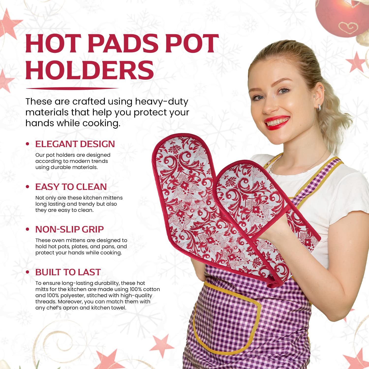 Guantes de horno dobles rojos para cocina, barbacoa, Navidad, extra largos y gruesos, resistentes al calor, paño acolchado adjunto 1 pieza de guantes de horno, 100% algodón, bonito patrón elegante