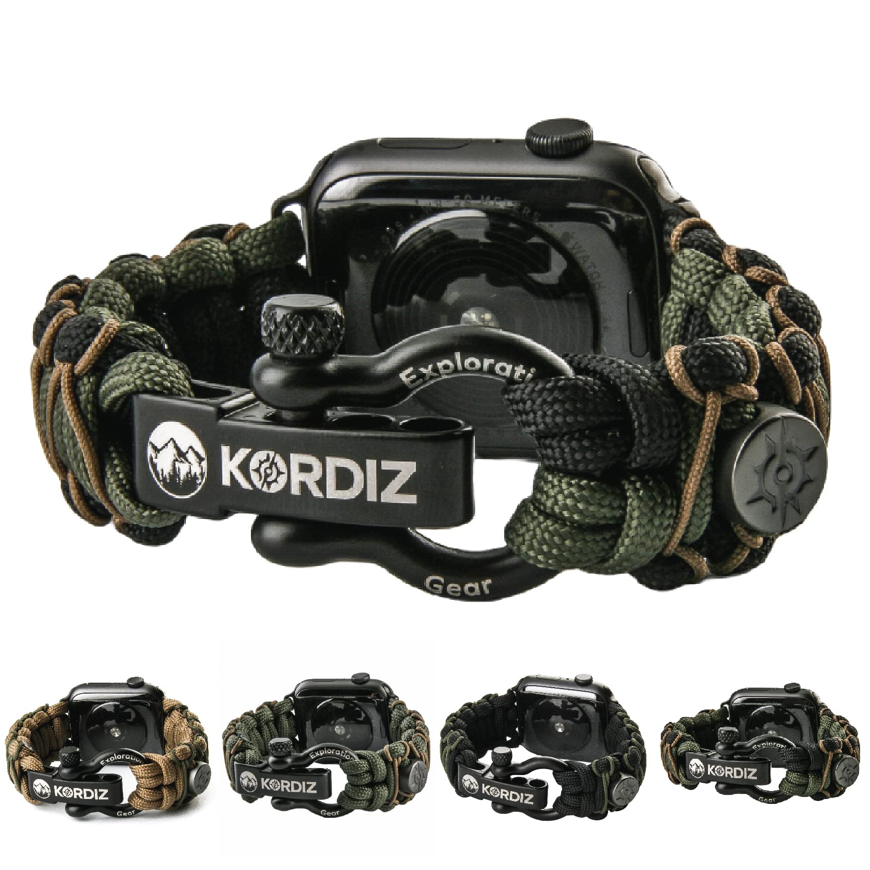 KORDIZ Survivor Pro - Correa de reloj de paracaídas compatible con Apple Watch de 42 mm, 44 mm, 45 mm, con grillete ajustable de acero inoxidable (negro/verde y micro coyote, M)