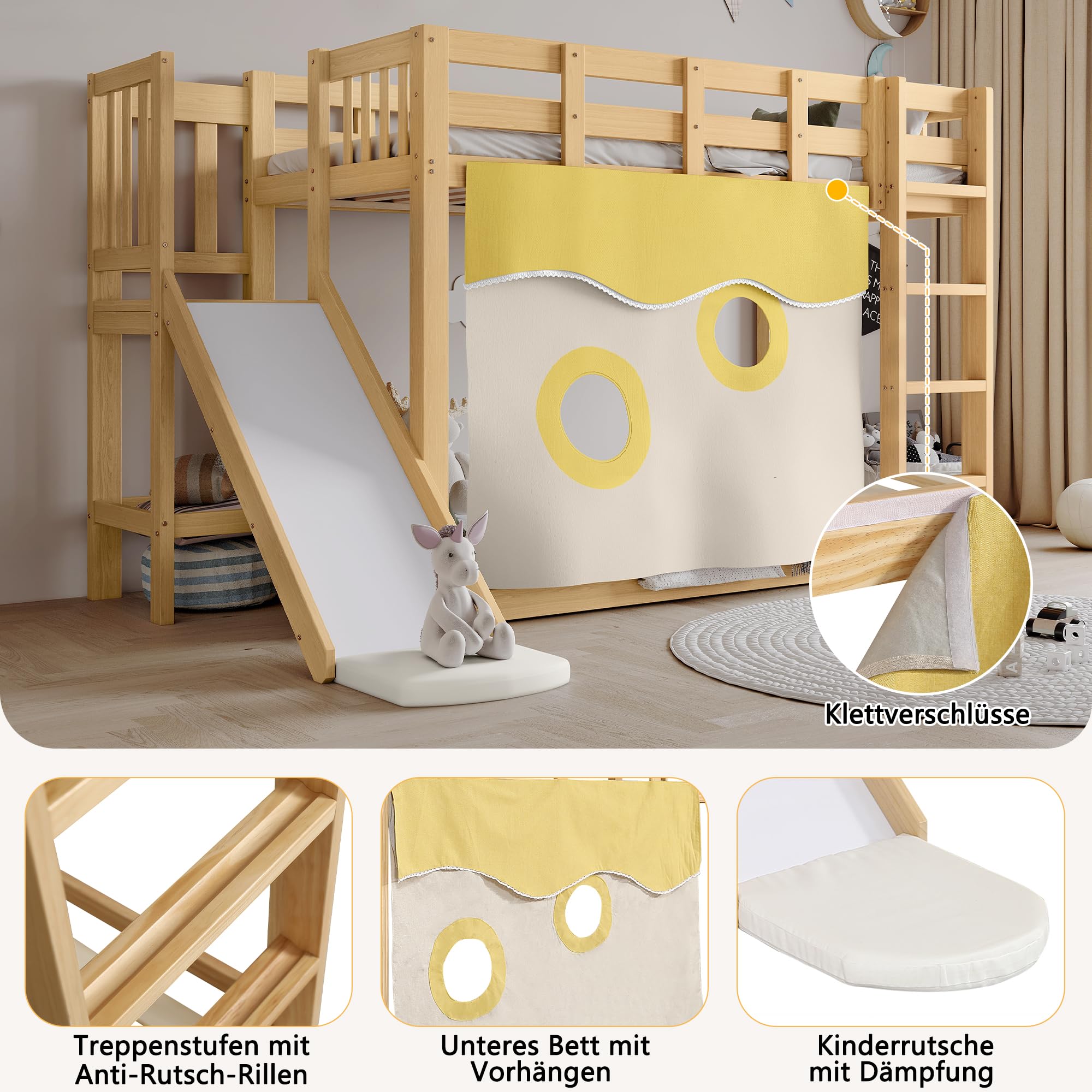 Mrwoo Kinderbett 90x200 cm, Etagenbett mit Rutsche, Hochbett mit Dreistufige Treppe und Rausfallschutz Geländer, Geeignet für Kinder und Jugendliche, Holzlatten (Ohne Matratze) (Natur)