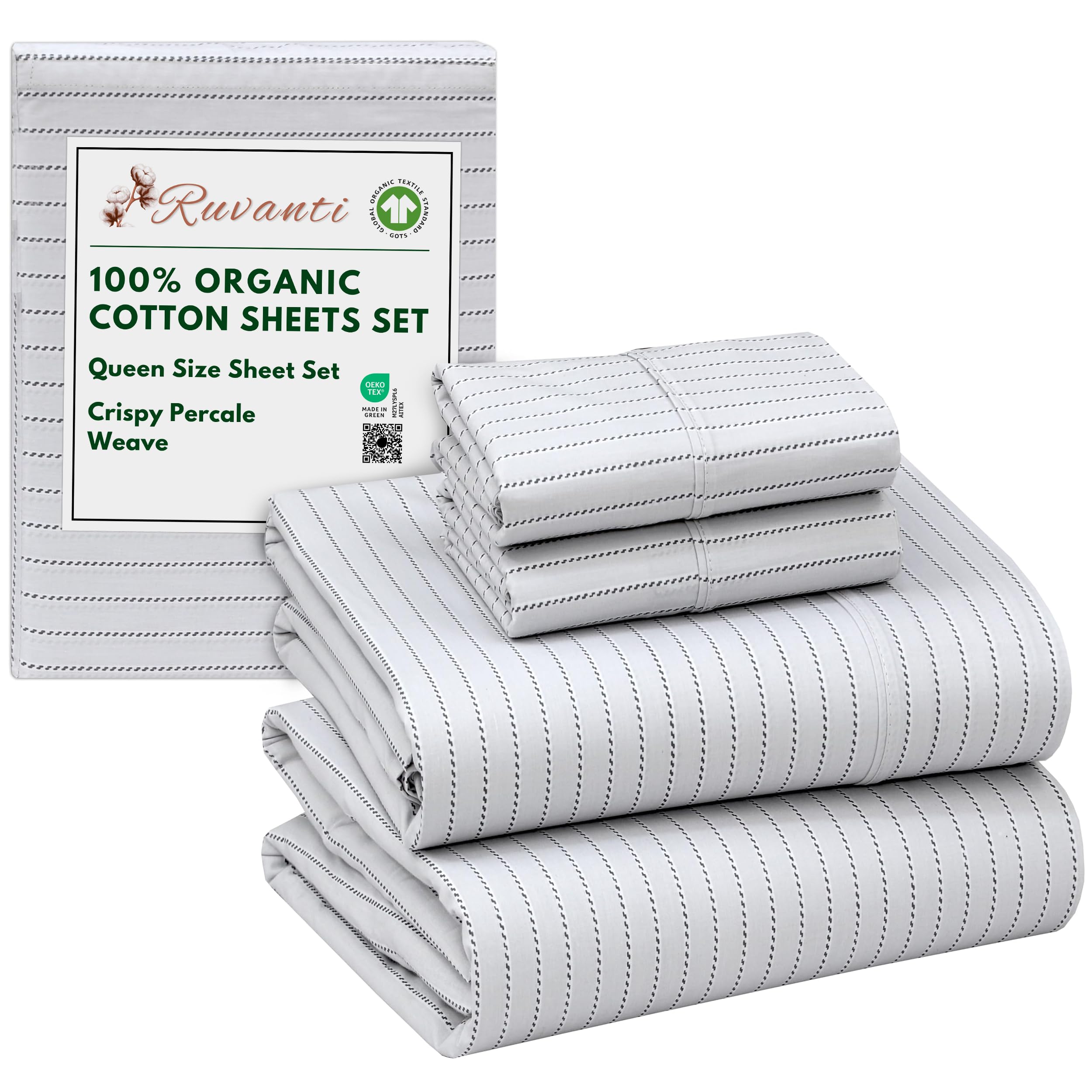 RUVANTI 100% Organic Cotton Sheets Queen Size, Percale Weave, GOTS Certified, 4-Piece Set, Deep Pocket 15", Crisp & Breathable, Soft Durable Bedding,