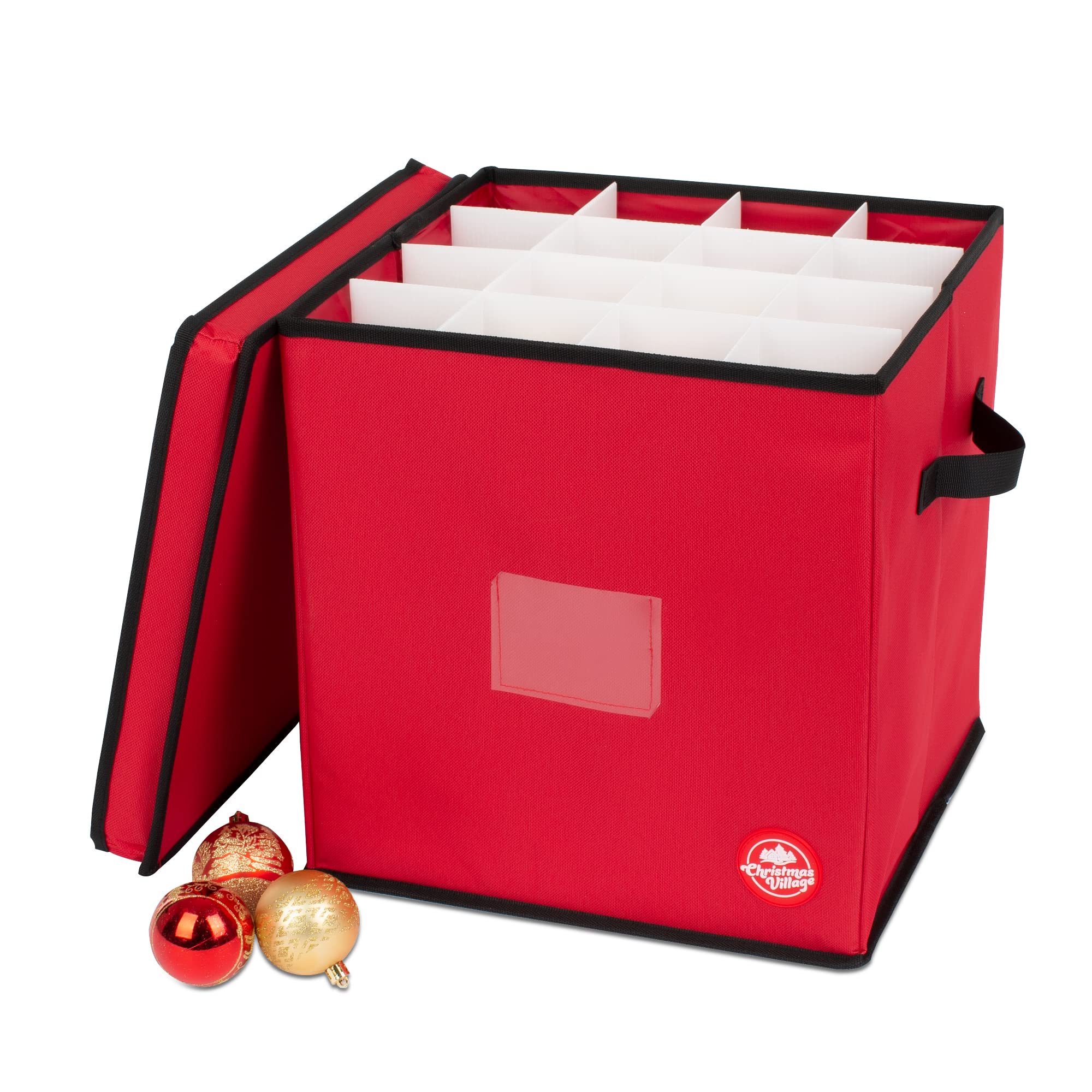 Christmas Village Red Collapsible Bauble Storage Bag – 600D Fabric Premium Bag For 64 Xmas Tree Decorations – 4 Layer Festive Season Ball Holder Cube With Separators & Carry Handles (, No Tray)
