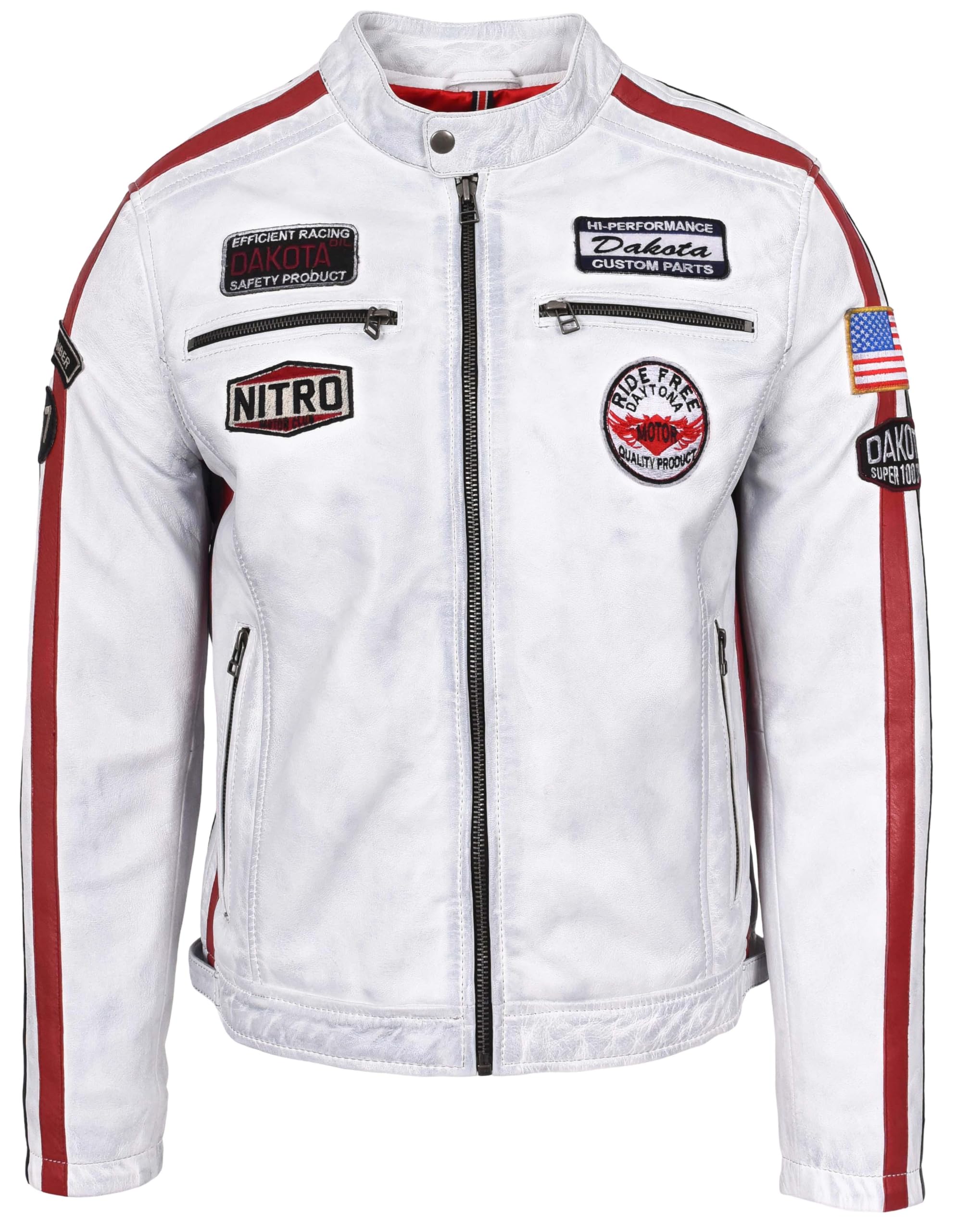 Blouson en cuir véritable pour homme style motard sport automobile avec badges style Bobby