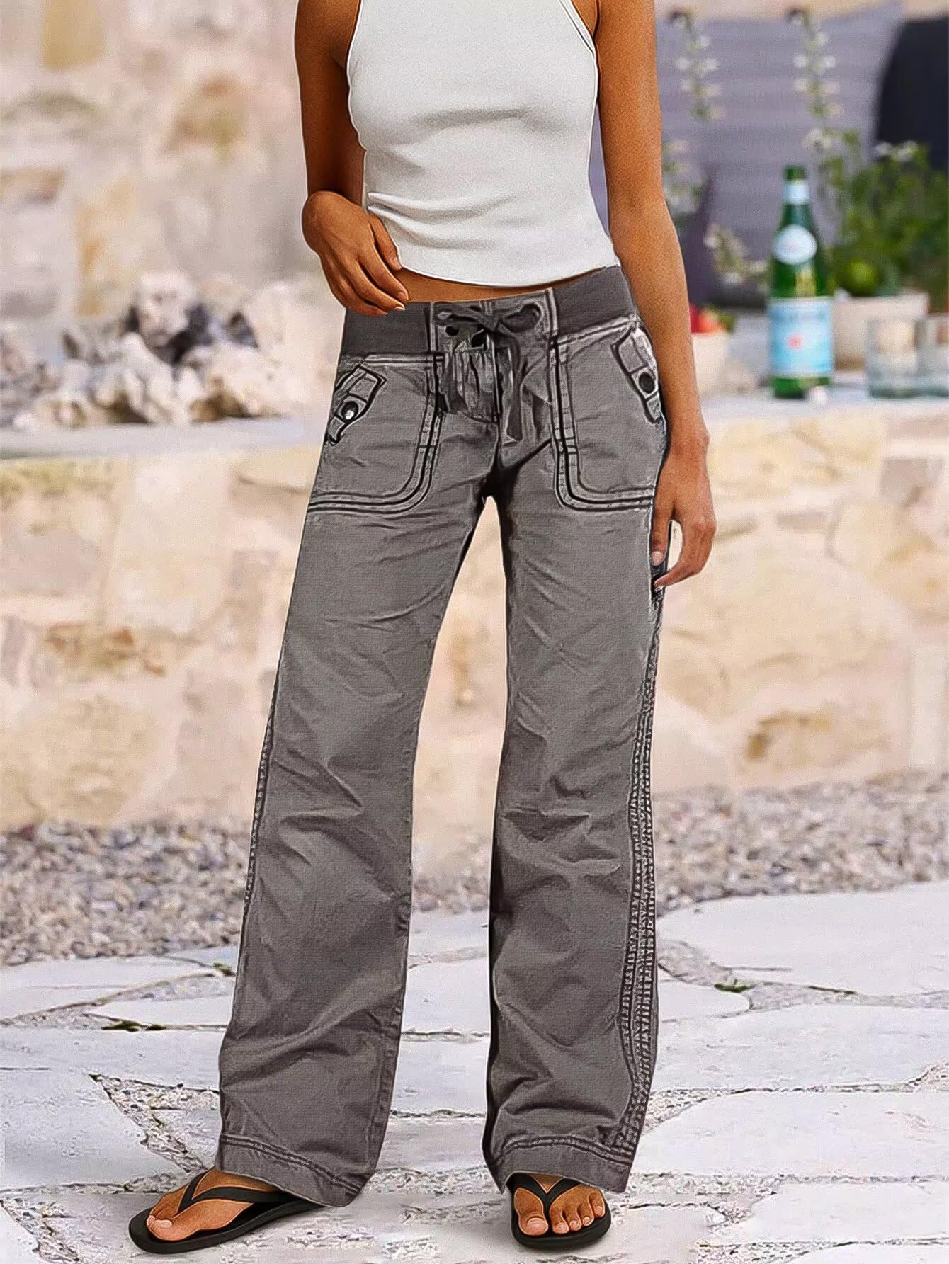 Flamingals Straight Leg Pants for Women Drawstring Waist Mid Rise Casual Solid Seam Detail Pants