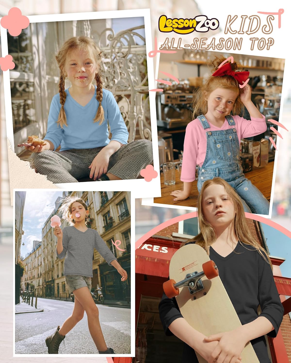 4 Pack Girls' 3/4 Sleeve T Shirts V Neck Soft Kids Tops Casual Youth Blouse for School Every Wear 5-14 Years