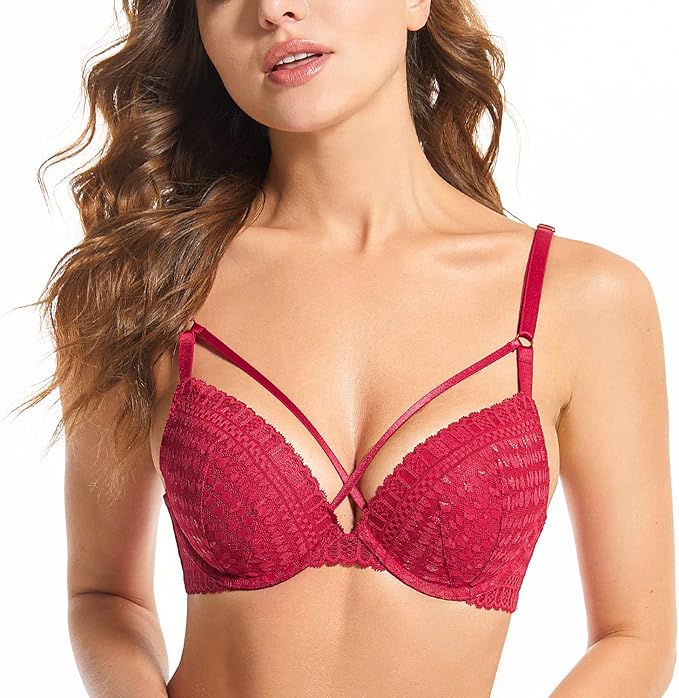 Deyllo Womens Push Up Lace Bra Comfort Padded Underwire Bra Lift Up Add One Cup