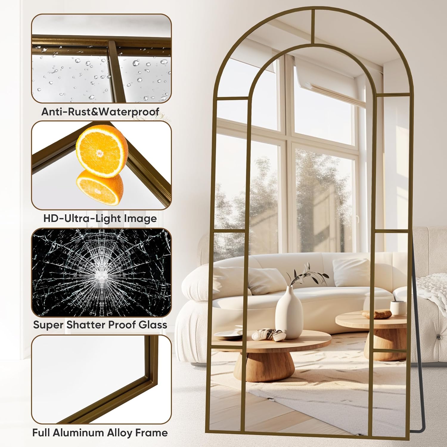 Antok 76" x 34" Full Length Mirror, Floor Mirror Arched Window Decorative Mirror, Metal Framed Decor Farmhouse Floor Mirrors Art Pane Mirrors Wall Decor for Bedroom, Living Room, Entryway Bronze - Image 4