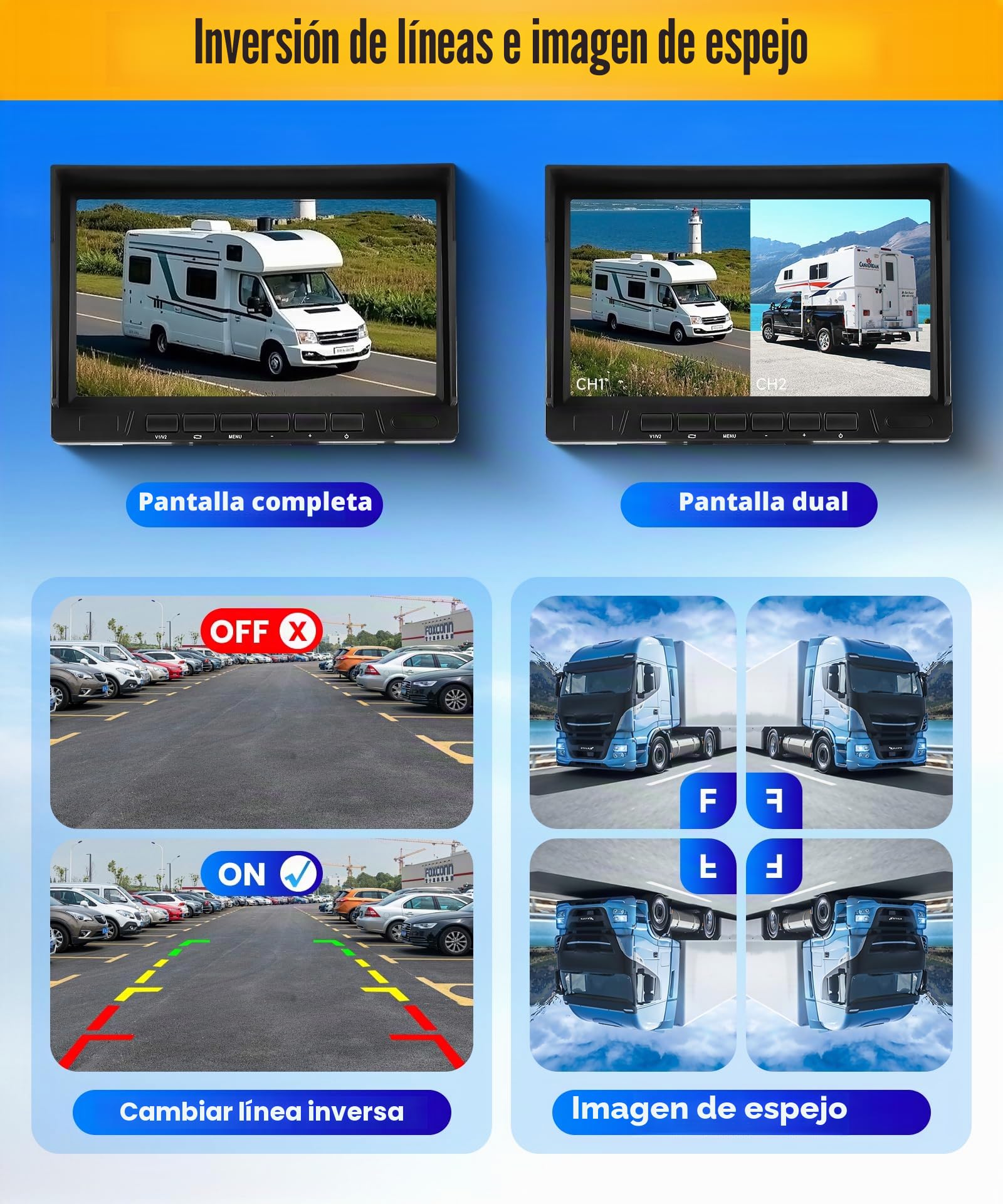 VECHTEL 1080P Cable para cámara de visión Trasera (2 Unidades) con Monitor IPS de 7 Pulgadas, Pantalla Dividida, IP69 AHD visión Nocturna para SUV,camión, Autocaravana,con Visera,Cable de 15 m