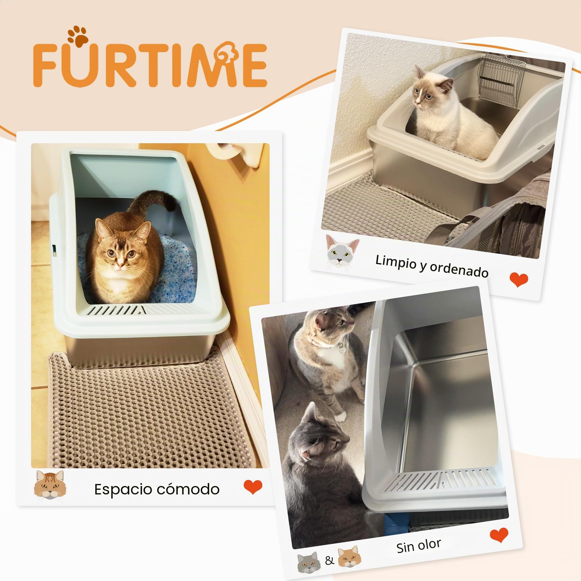 Caja de Arena para Gatos XXL de Acero Inoxidable - Abierta Con Pala de Metal, Estera de Doble Capa y Borde Alto - Para Gatos Grandes