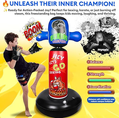 Miniatura 3 de Saco de boxeo para niños, saco de boxeo inflable con rotación de 360, bolsa de boxeo pesada independiente, regalo de Navidad y cumpleaños para niños