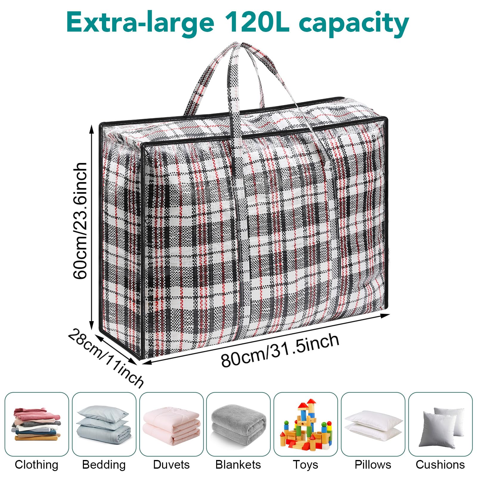 Dntorx Extra große Wäschesäcke, 80 x 60 x 28 cm, starke Jumbo-Aufbewahrungsbeutel mit Reißverschlüssen, wiederverwendbar, wasserdicht, Umzugskartons für Reisen, Verpacken, Einkaufen