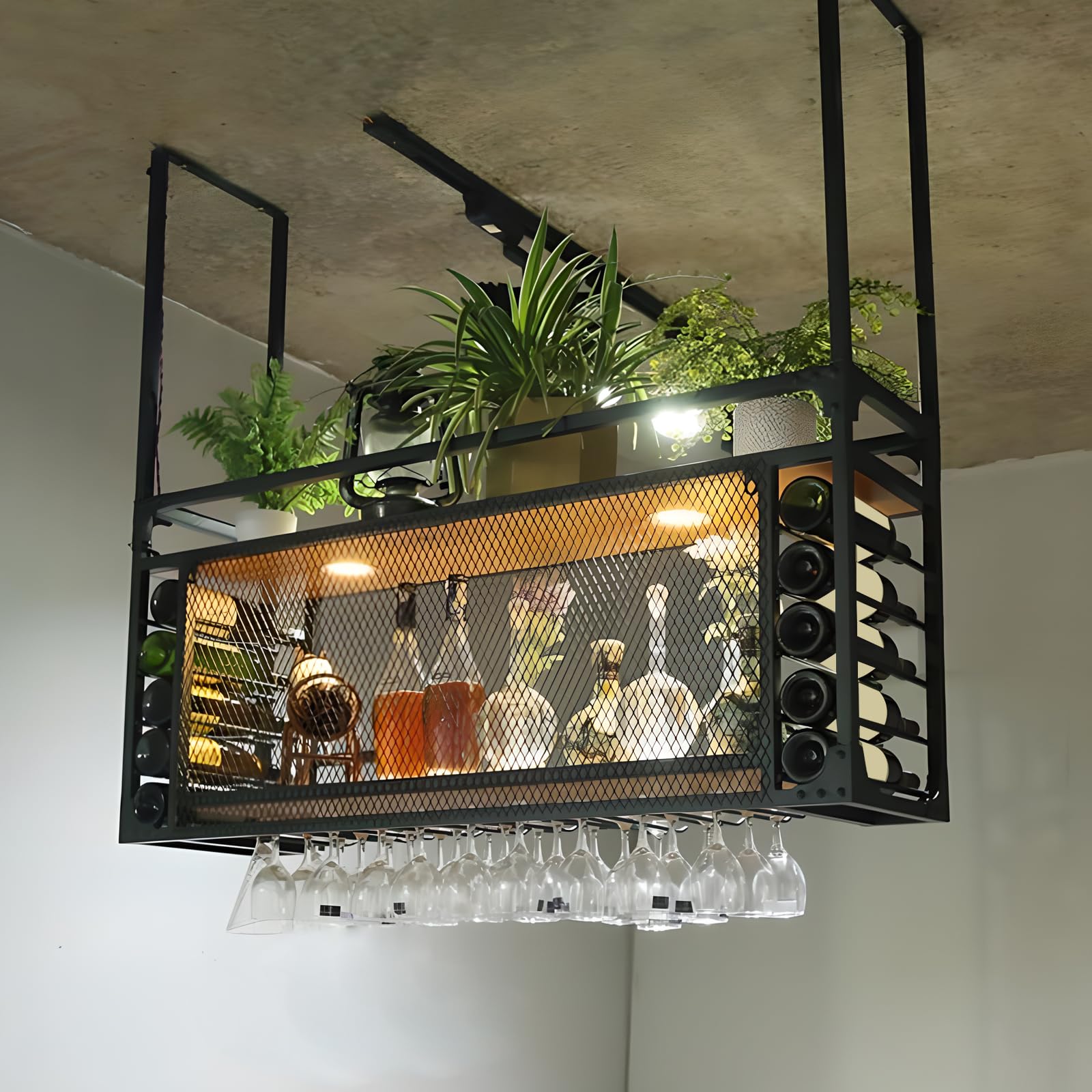 Estante de Vino Montado en la Pared, Botellero de Metal para la Pared con Portavasos, Soporte de Copa de Vino Suspendido para Botellas de Metal, para Bar, Comedor, Cocina, Cafetería (negra, 120cm)