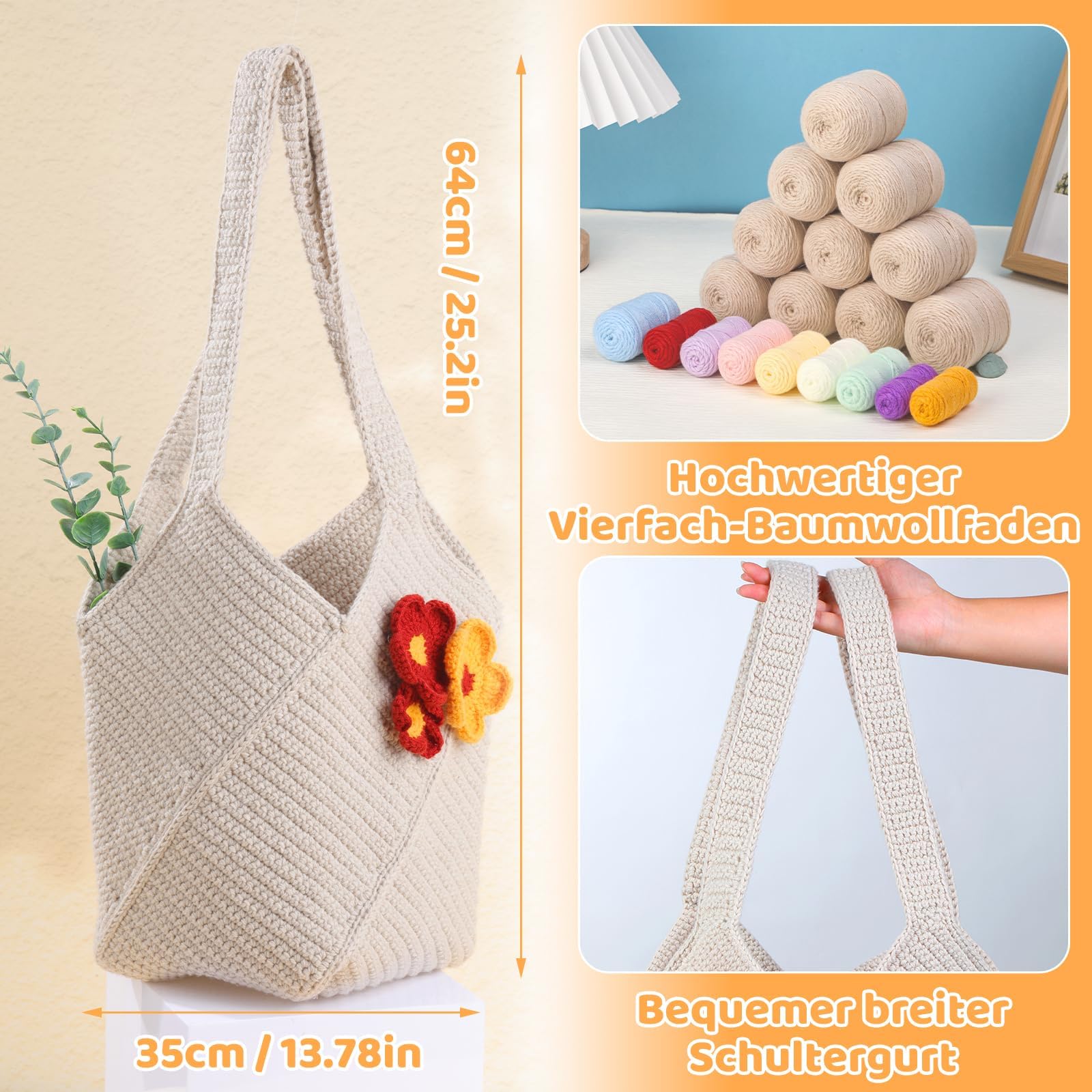 Deudy Häkelset für Anfänger, Crochet Häkel Set Rucksack Kit, Komplett mit Garn, Häkelnadel, Anleitung, Ideal für Hook & Step-by-Step Video Tutorials DIY Shoulder Bag Crafting Gift for Adults (Khaki)